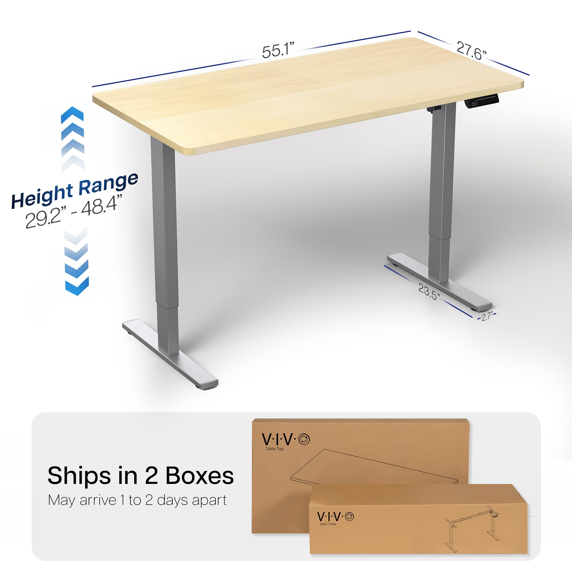 Electric 55 x 28 in Standing Desk, Memory Height Adjustment, 1B Series, Holds 220 lbs, One-Piece Light Wood Top, Gray Frame