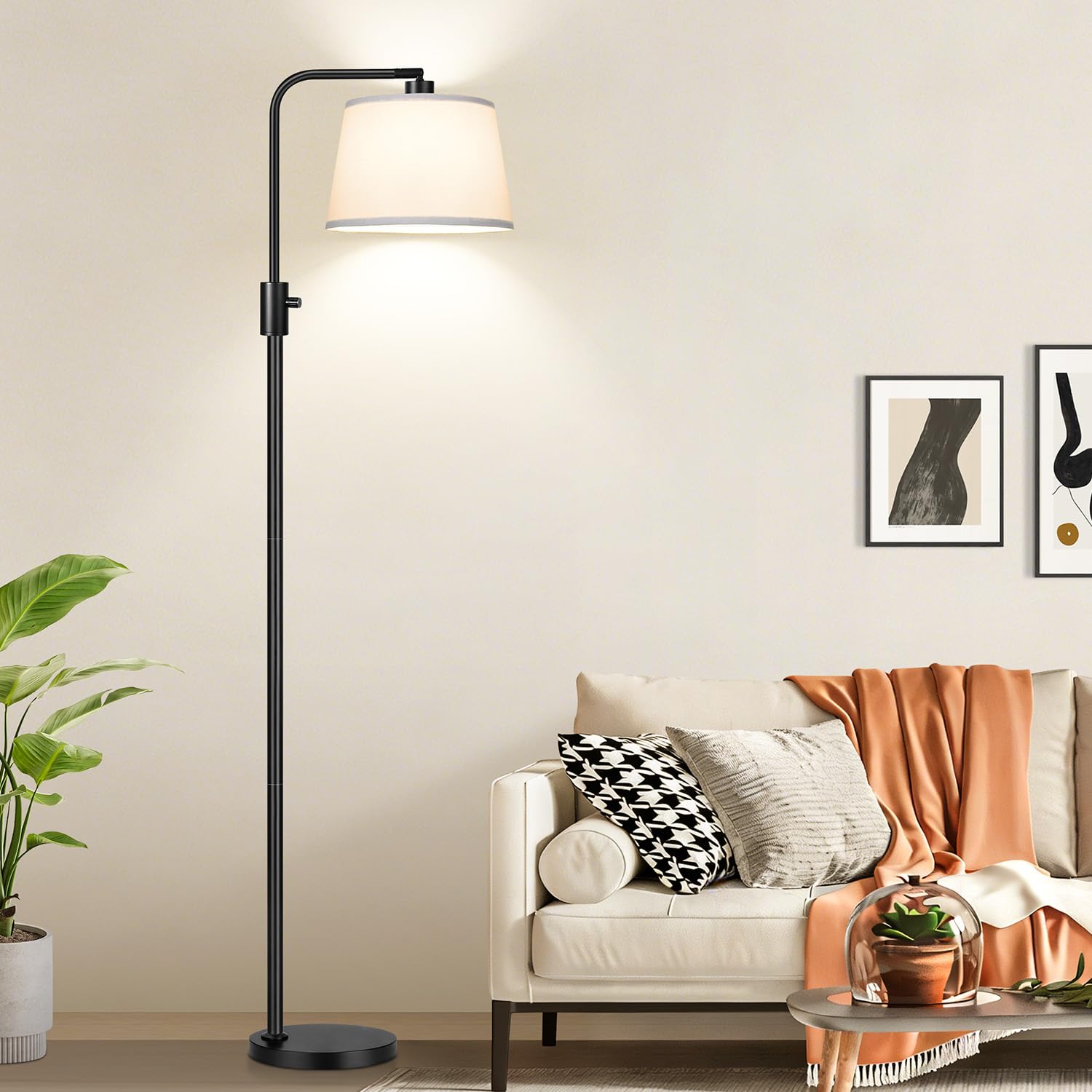 Floor Lamp, 1000 Lumens LED Edison Bulb Included, Arc Black Floor Lamps for Living Room Modern Standing Lamp with White Shade, Tall Lamps for Living Room Bedroom Office Dining Room