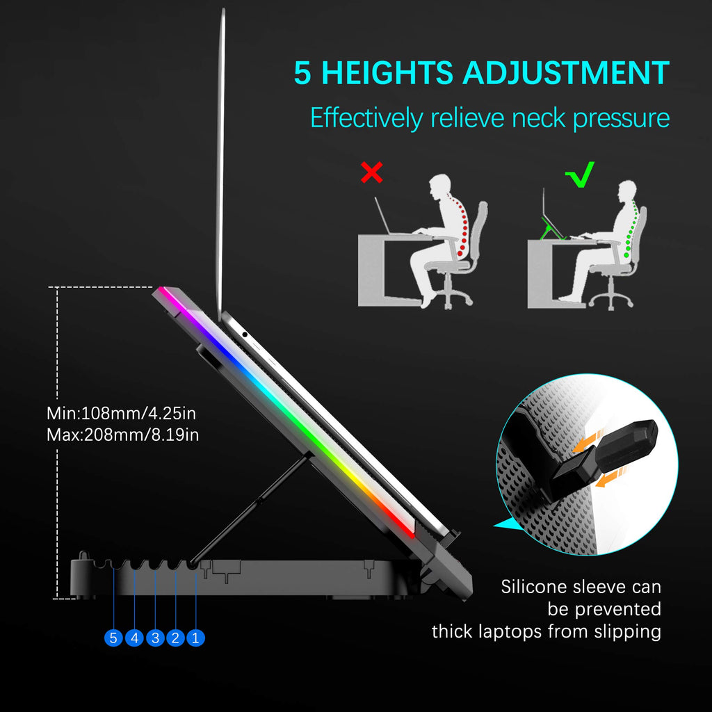 Laptop Cooling Pad RGB Notebook Cooler, Laptop Fan Stand Adjustable Height with 6 Quiet Fans and Phone Holder, Computer Chill Mat, for 15.6-17.3 Inch Laptops - Blue LED Light