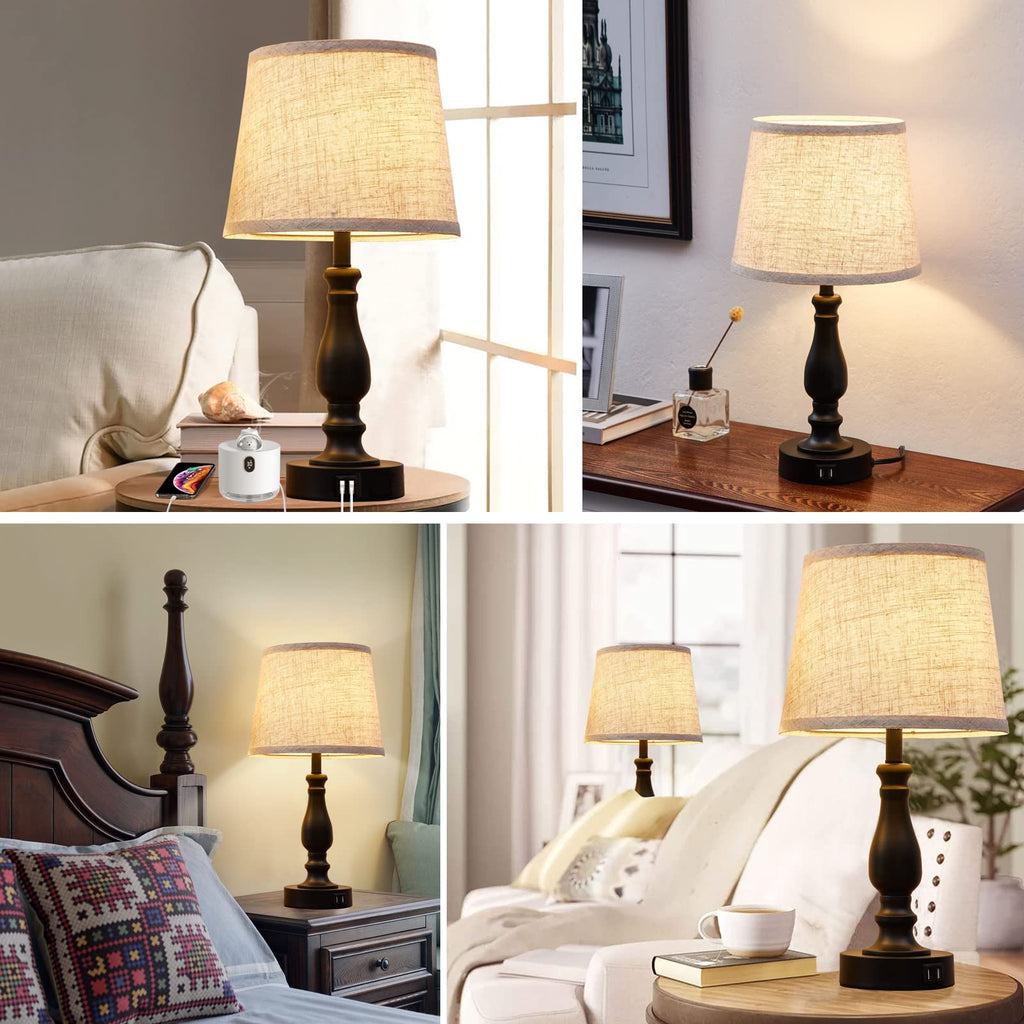 Table Lamps Set of 2, Bedside Nightstand Lamps with USB Charging Ports,Dimmable Touch with Linen Fabric Lampshade, Modern Small Lamp for Bedrooms, Living Room (Bulbs Included)