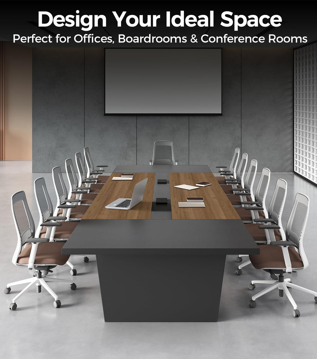 10FT Conference Table for 10 People, Large Rectangular Boardroom Meeting Table with Built-in Power Outlets & USB Ports, 2" Thick Tabletop & Heavy-Duty Base (Walnut & Gray, 118"L x 51"W x 30"H)