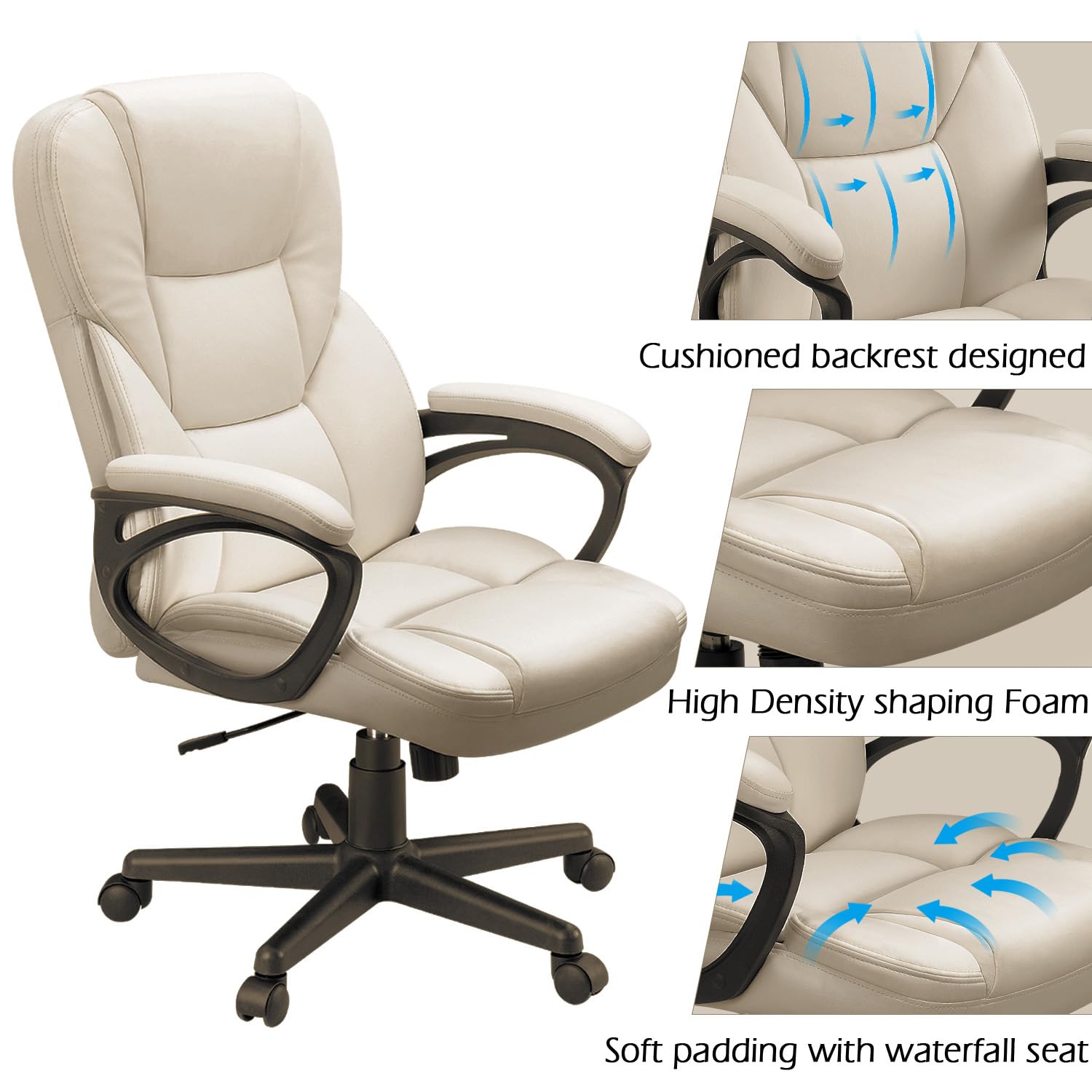 Office Executive Chair High Back Adjustable Managerial Home Desk Chair, Swivel Computer PU Leather Chair with Lumbar Support (1, Beige)