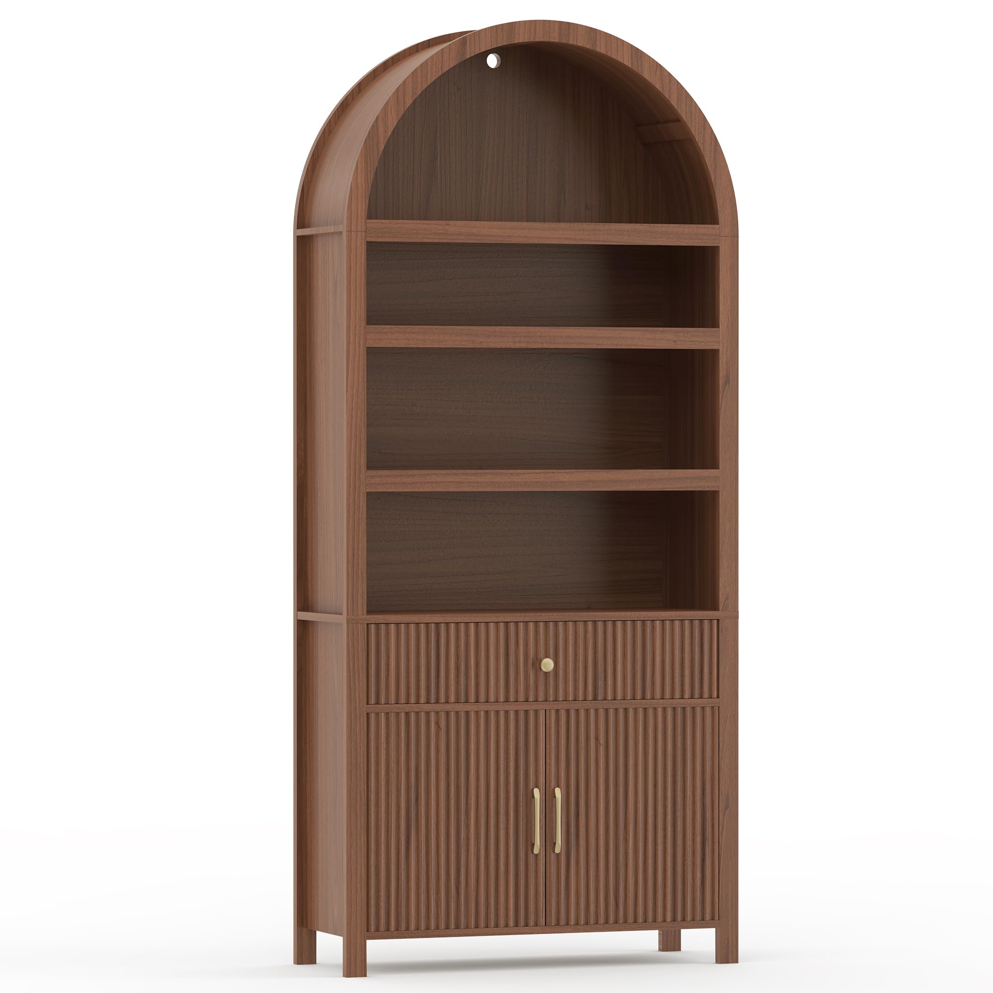 Book Shelf 70" Tall Bookcase with Drawer, 7-Tier Arched Cabinet with Storage and Fluted Door, Mid-Century Modern Modular Arch Bookshelf for Office Living Room Bedroom Library (Walnut, 2)