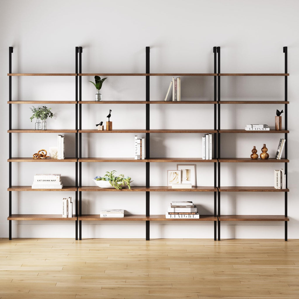 Set of 4, 6-Shelf Tall Bookcase, Wall Mount Bookshelf with Reclaimed Oak Wood and Industrial Metal Frame, Reclaimed Oak/Matte Black