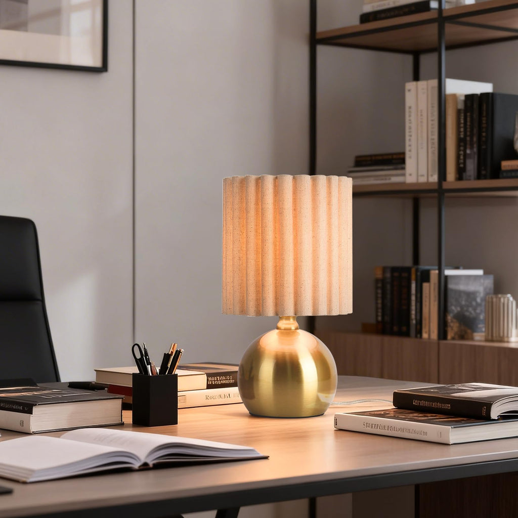 Gold Small Table Lamp with Scalloped Linen Shade, Mini Brass Gold Table Lamp for Bedroom Nightstand, Cute Desk Night Light for Living Room, Bookshelf, Kitchen Counter, Kids Room, Office