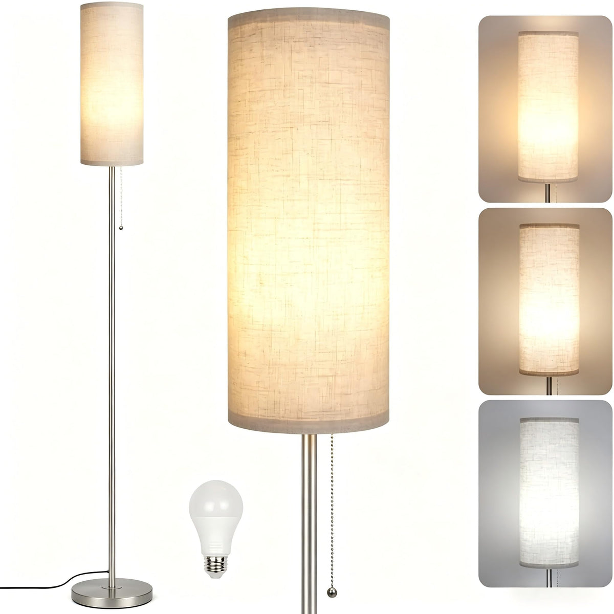 Floor Lamp for Living Room, Modern Standing Lamps with Lampshade, Minimalist Tall Lamp with Chain Switch for Living Room, LED Bulb Included (Nickel Body+Beige Shade)