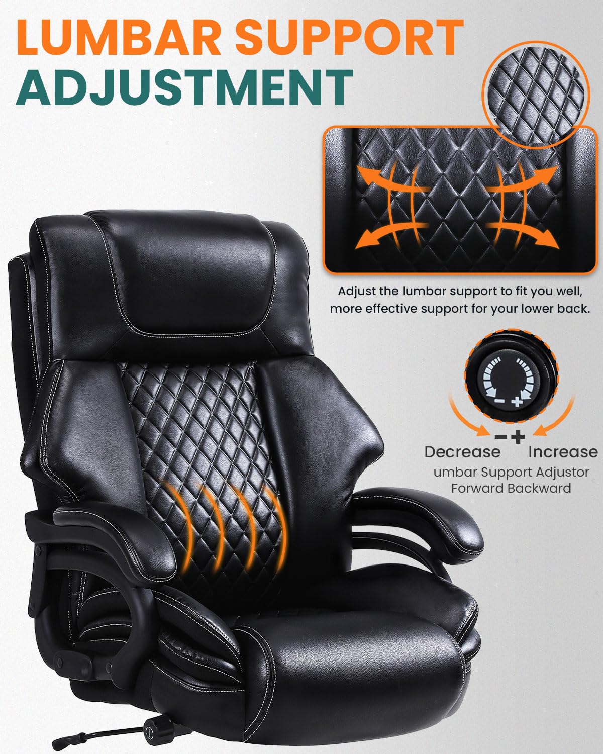 650lbs Large Big and Tall Office Chair for Heavy People with Adjustment Lumbar Support, Comfy Padded Heavy Duty Leather Executive Office Chair with Quiet Rubber for Adults 8 Hours Daliy Work