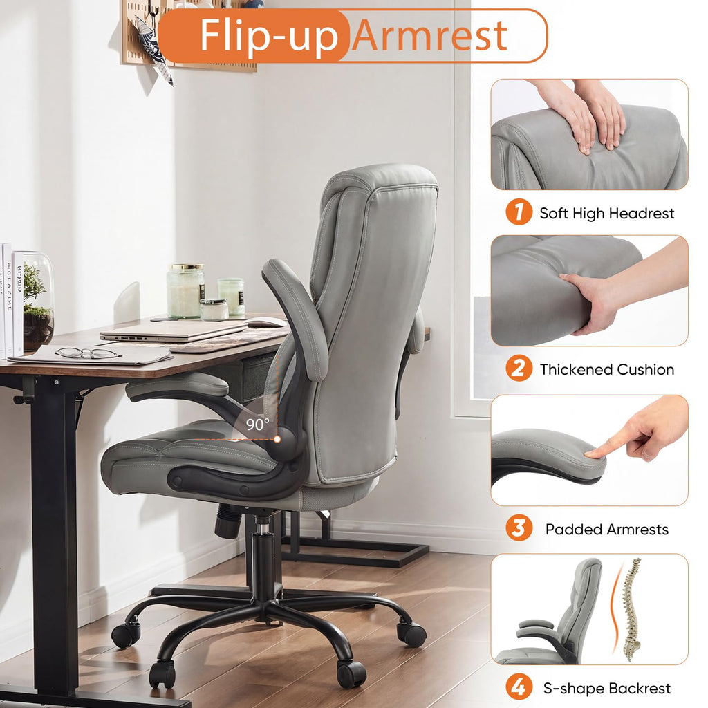 Ergonomic Office Chair, Heavy Duty 275lbs High Back Desk Chair, Flip-up Armrest PU Leather Swivel Rolling Chair with Wheels,Grey