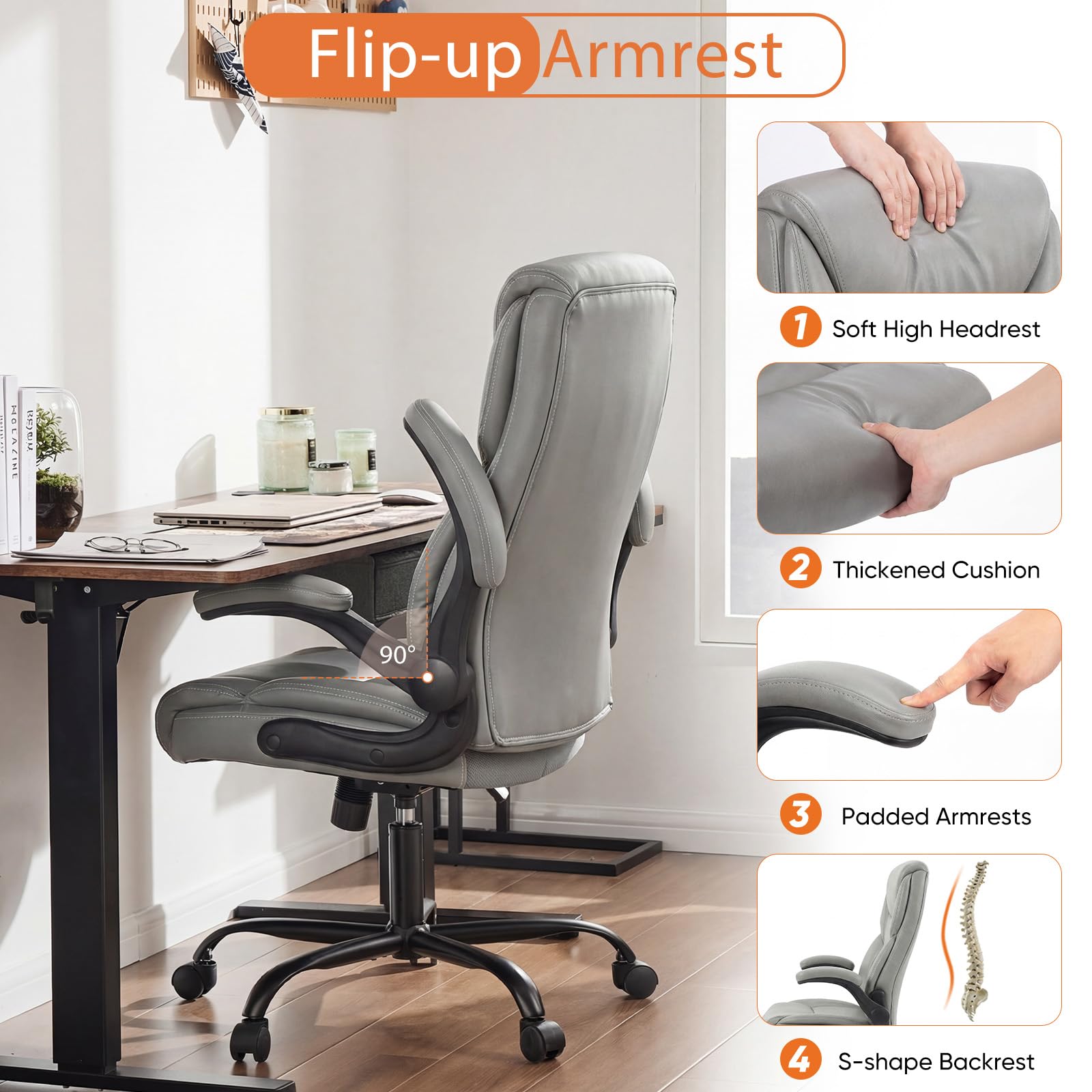 Ergonomic Office Chair, Heavy Duty 275lbs High Back Desk Chair, Flip-up Armrest PU Leather Swivel Rolling Chair with Wheels,Grey