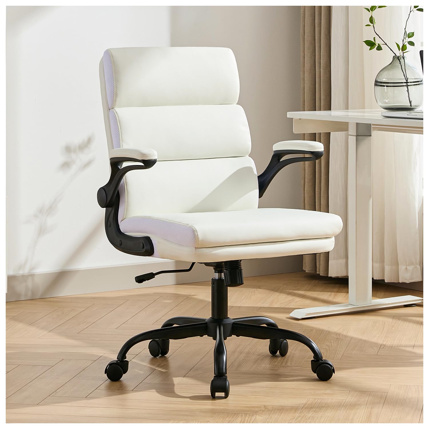 Office Chair Adjustable Desk Chair Mid Back Executive Comfortable Bonded Leather Ergonomic Back Support Home Computer Chair with Padded Flip-up Armrest Swivel Wheels (White)