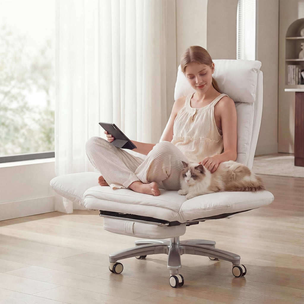 Cross Legged Office Chair with Pets Friendly Seat, Plus Size Criss Cross Desk Chair, Big and Tall Office Chair with Foot Rest, Reversible Armrests & Wide Seat, Cream White