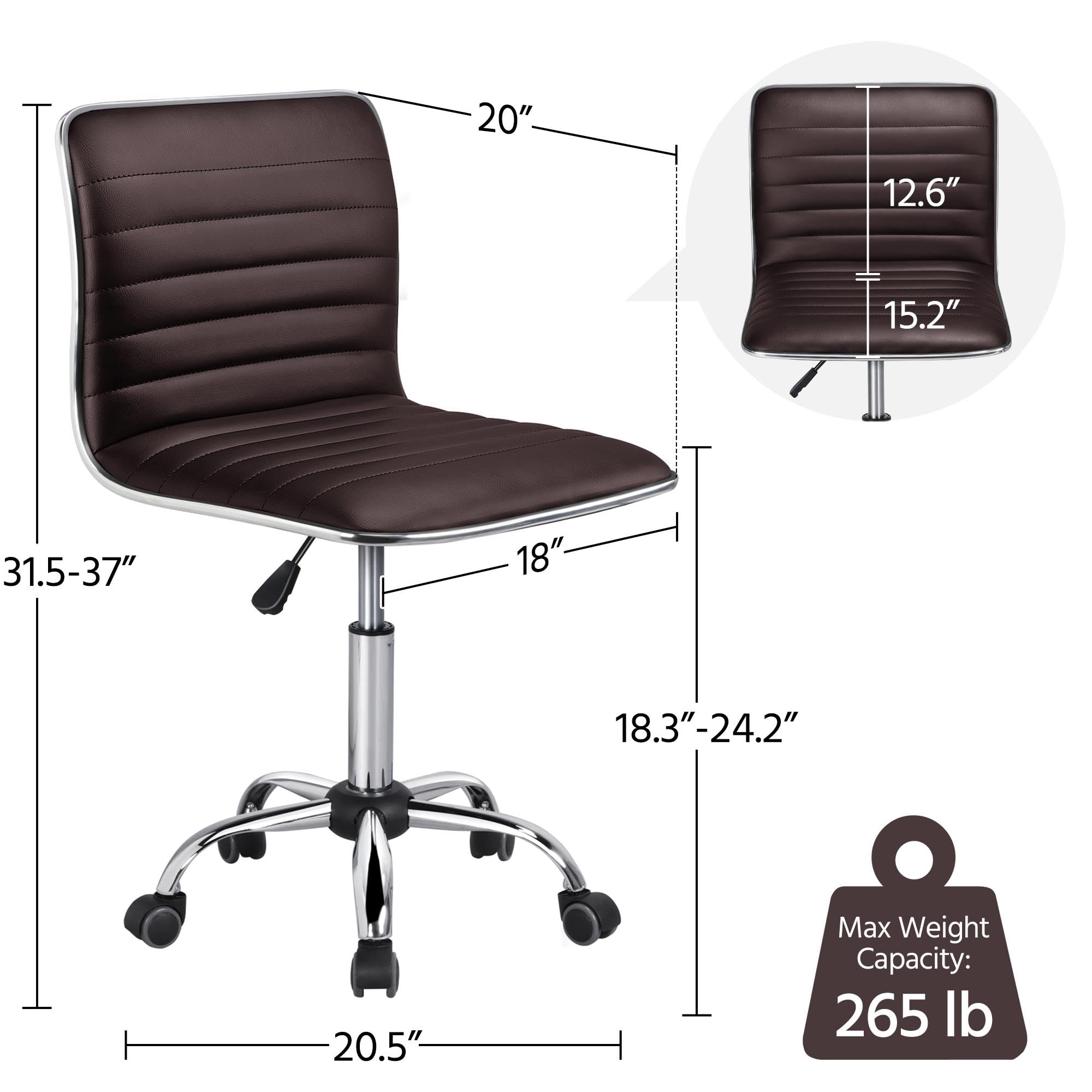 Modern PU Leather Ribbed Armless Working Office Chair Adjustable Low-Back Comfy Desk Task Chair w/Rolling Wheels, Brown