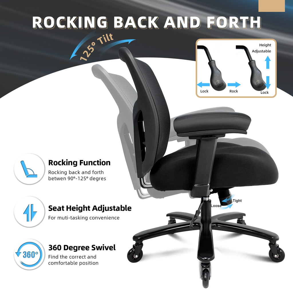 500LBS Big and Tall Office Chair with 4D Armrests & Adjustable Backrest, Heavy Duty Office Chair for Heavy People, Memory Foam Seat Filling Springs, Black