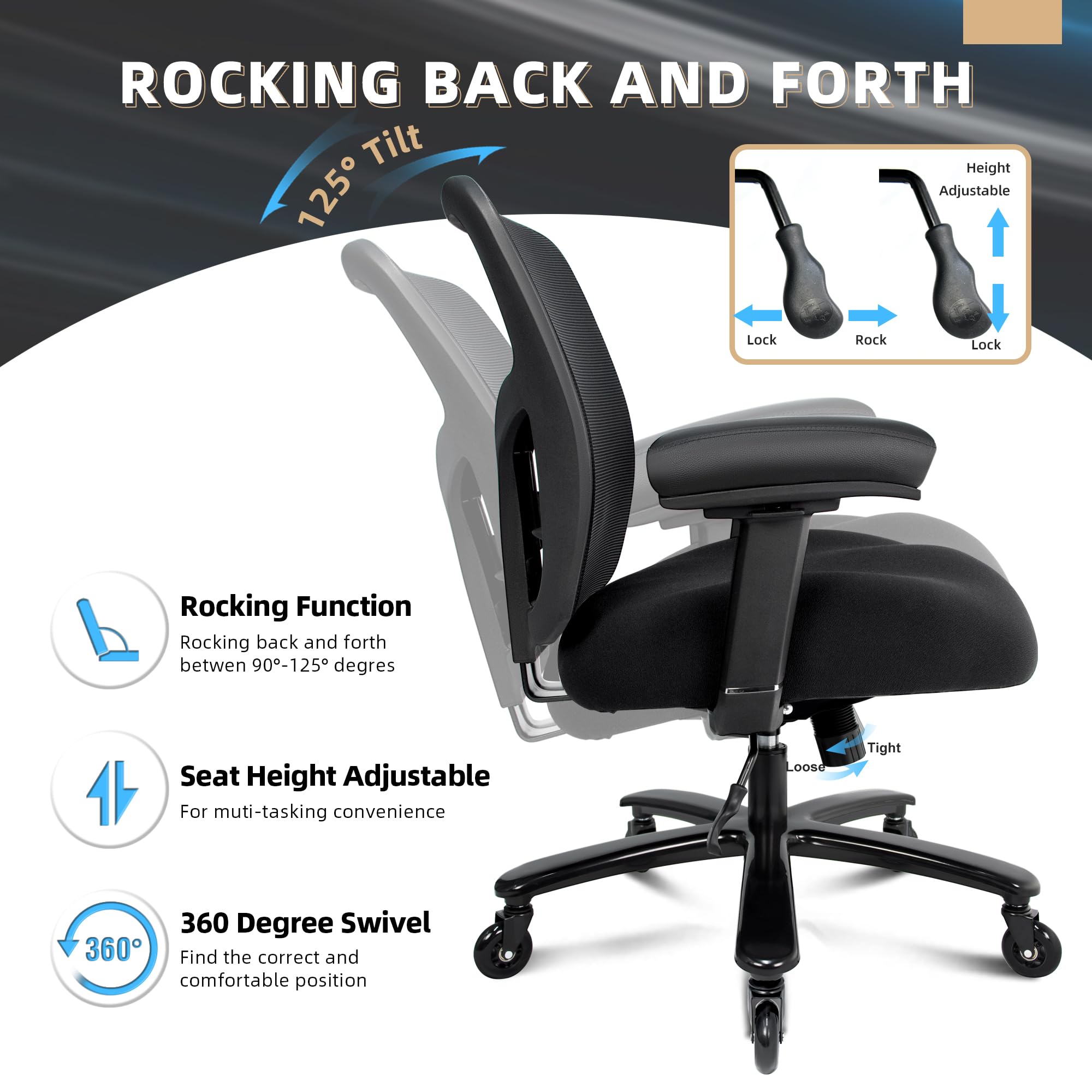 500LBS Big and Tall Office Chair with 4D Armrests & Adjustable Backrest, Heavy Duty Office Chair for Heavy People, Memory Foam Seat Filling Springs, Black