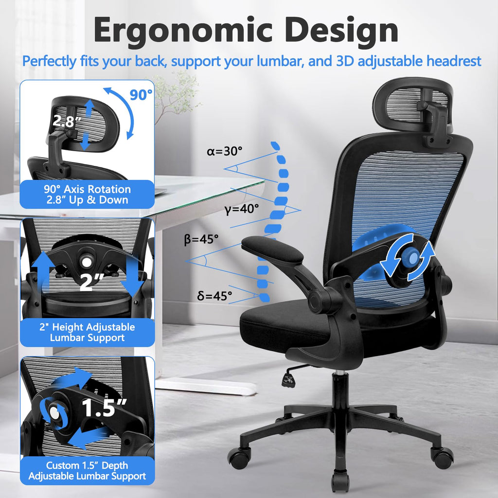 Desk Chairs with Wheels, Ergonomic Mesh Back Home Office Chair with Headrest, Adjustable Lumbar Support Swivel Rolling Computer Chairs with Flip Up Armrests for Conference Meeting Room, Black