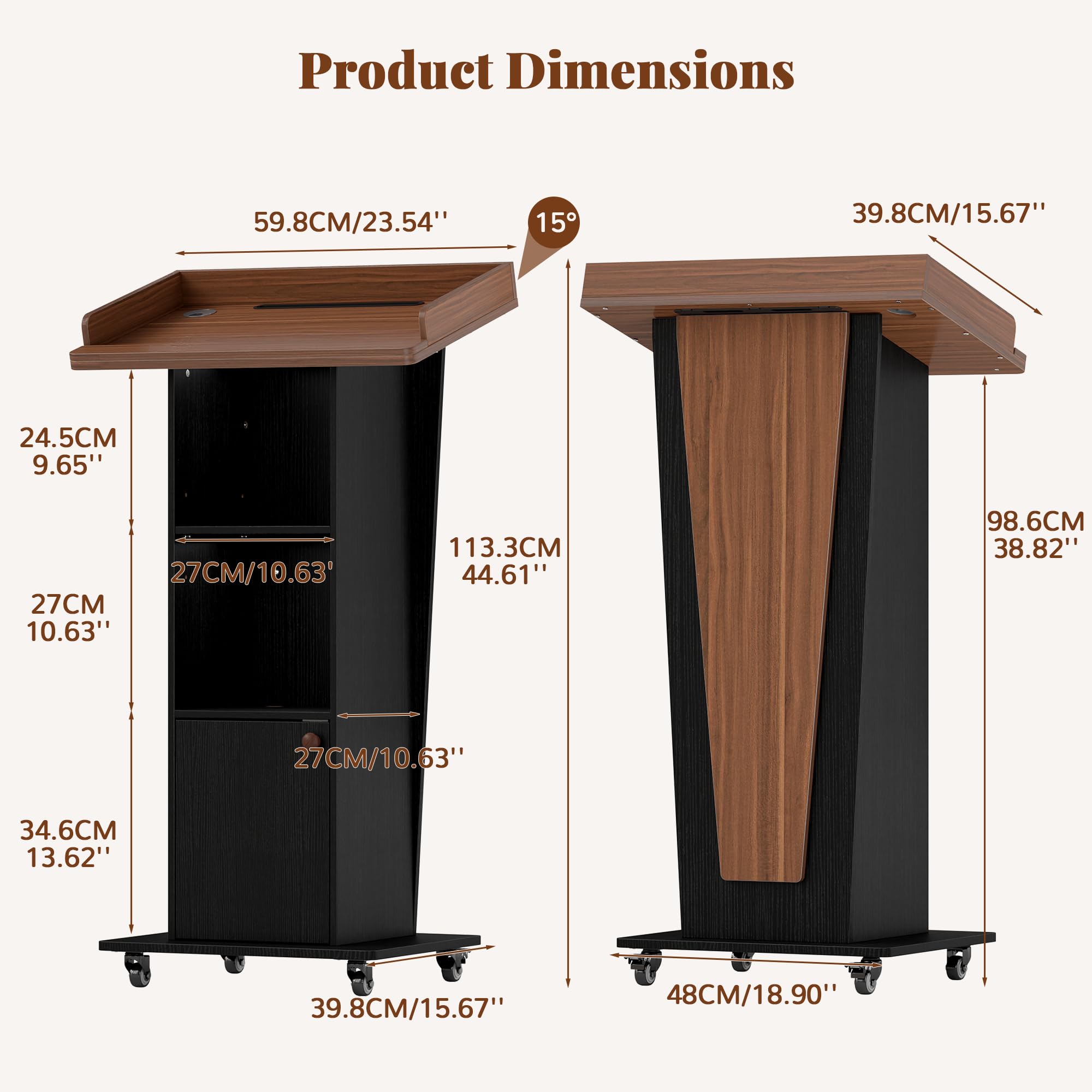 Mobile Podium Stand with Metal Wheels, Wooden Pulpit with 15° Tilted Desktop and Storage Cabinet, Built-in Cable Hole Lectern Desk for Office Classroom Lecture Restaurant Church Presentations