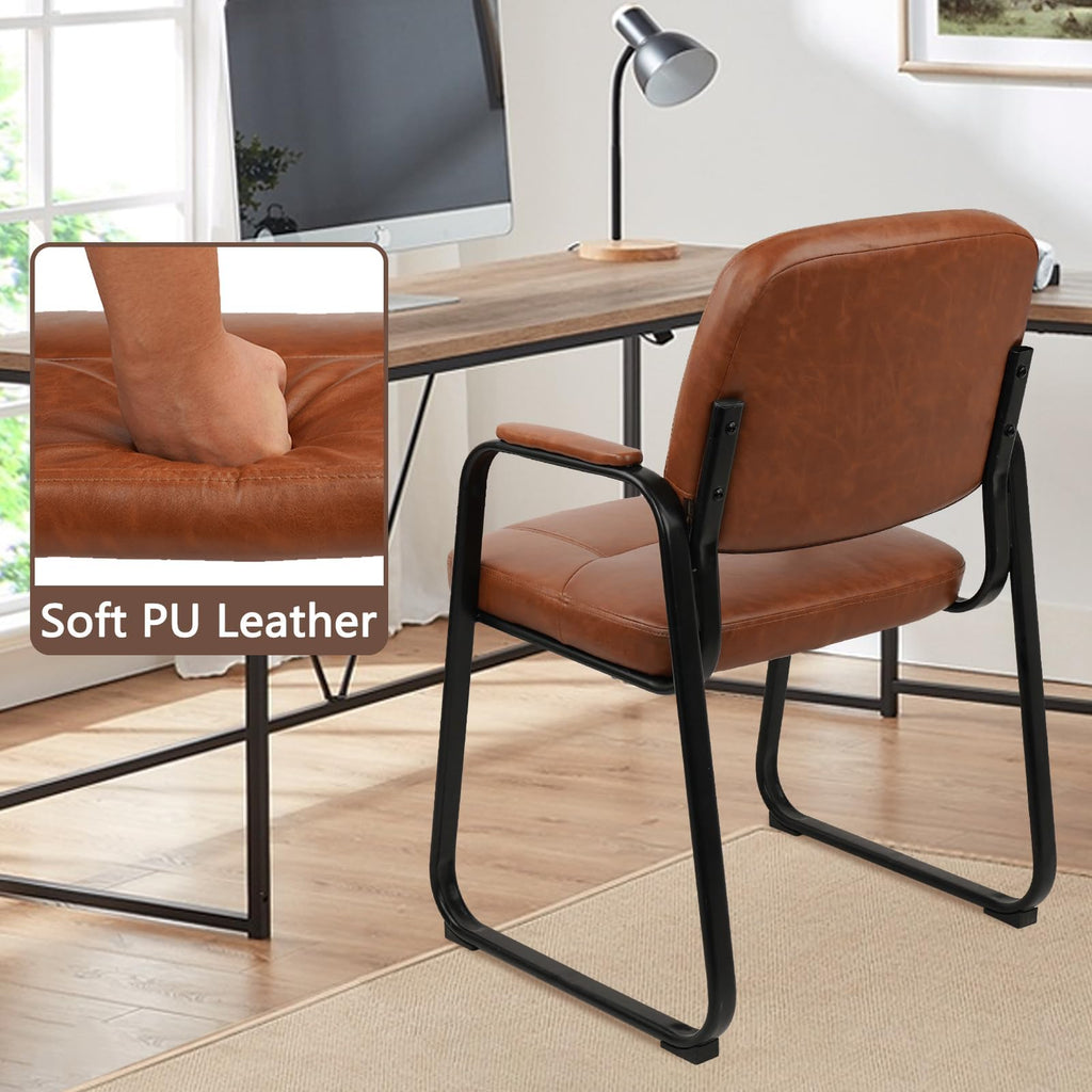 Waiting Room Guest Chair with Bonded Leather Padded Arm Rest for Office Reception and Conference Desk Black with Sled Base Brown 1 Pack