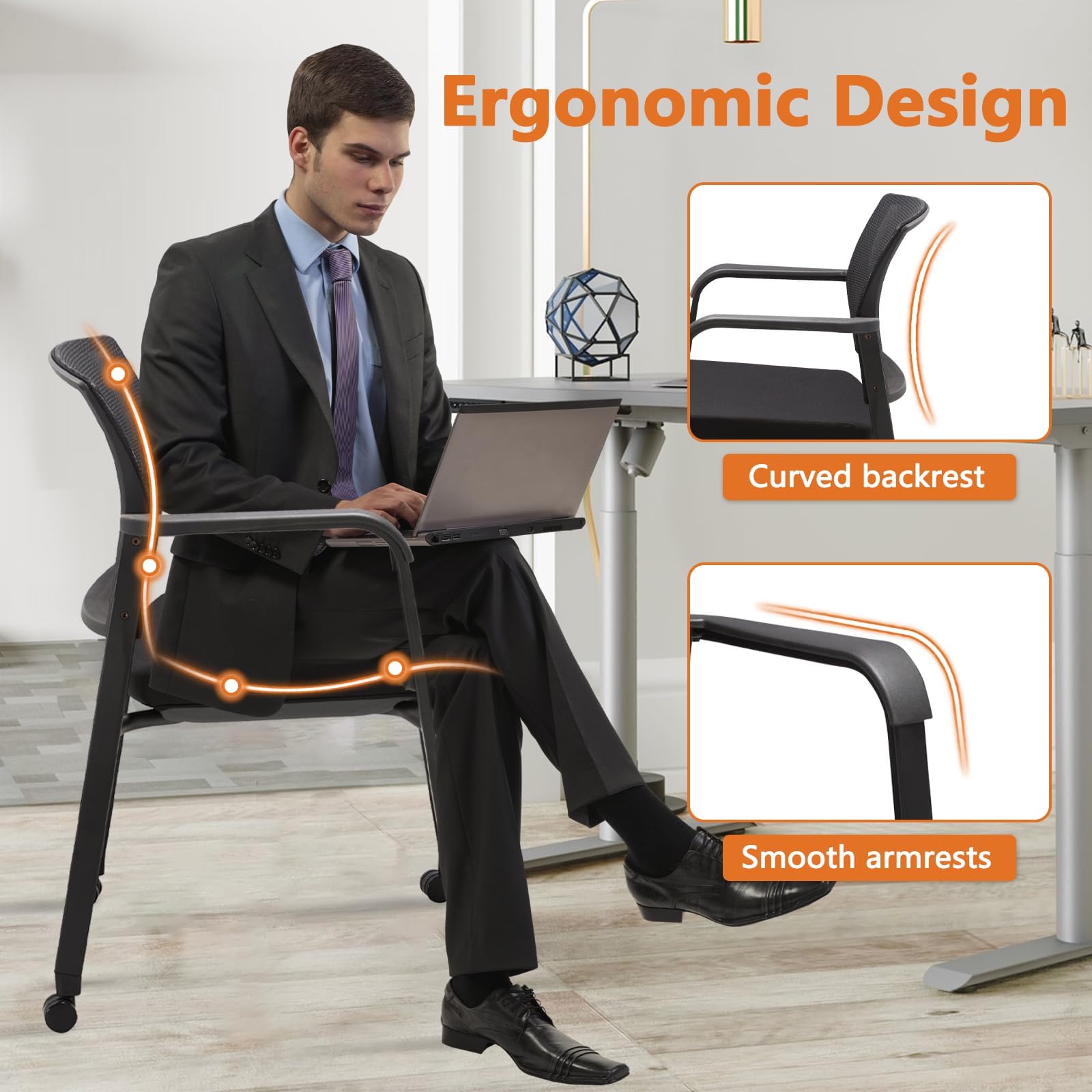 Mesh Back Guest Reception Arm Chairs with Wheels, Waiting Room Chairs with Upholstered Fabric Seat and Ergonomic Lumbar Support for Office