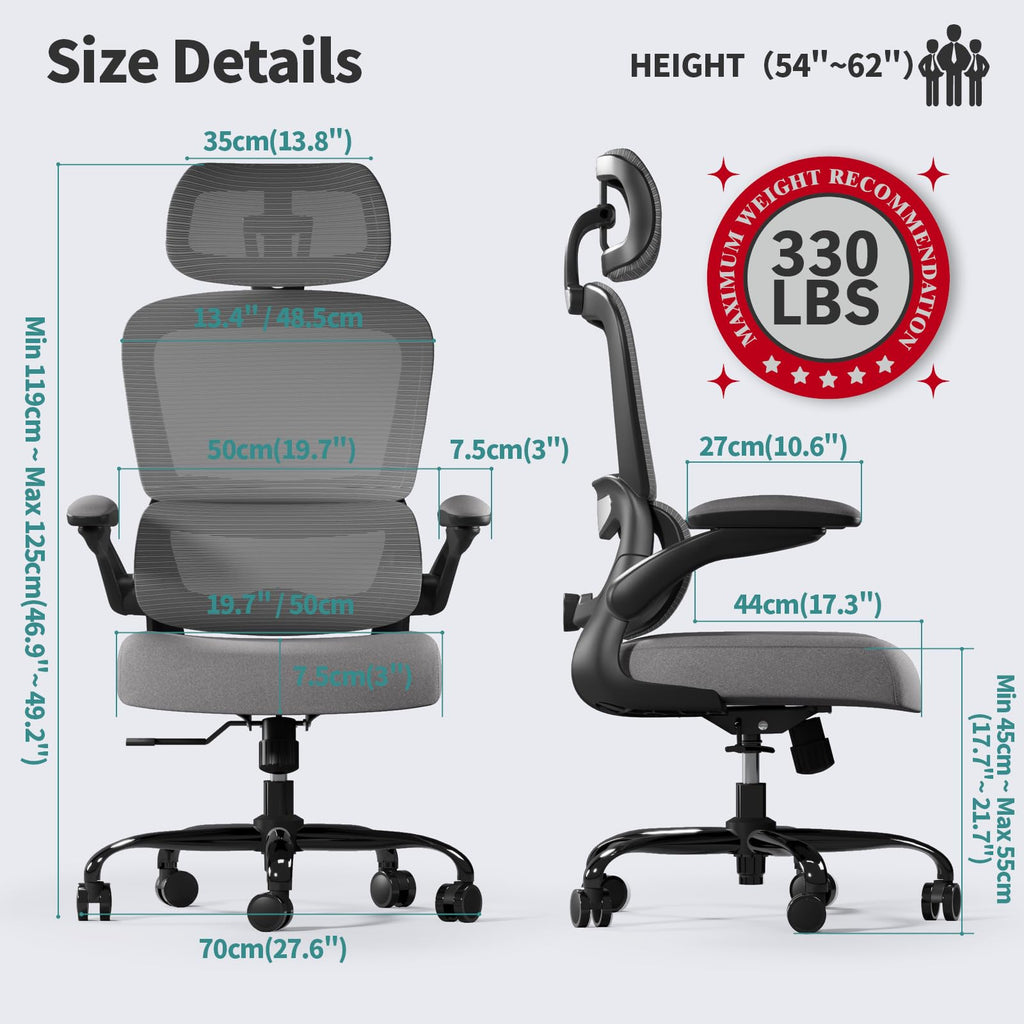 Office Chair Ergonomic Desk Chair, 330 LBS Home Mesh Office Desk Chairs with Wheels, Comfortable Gaming Chairs (Dark Grey)