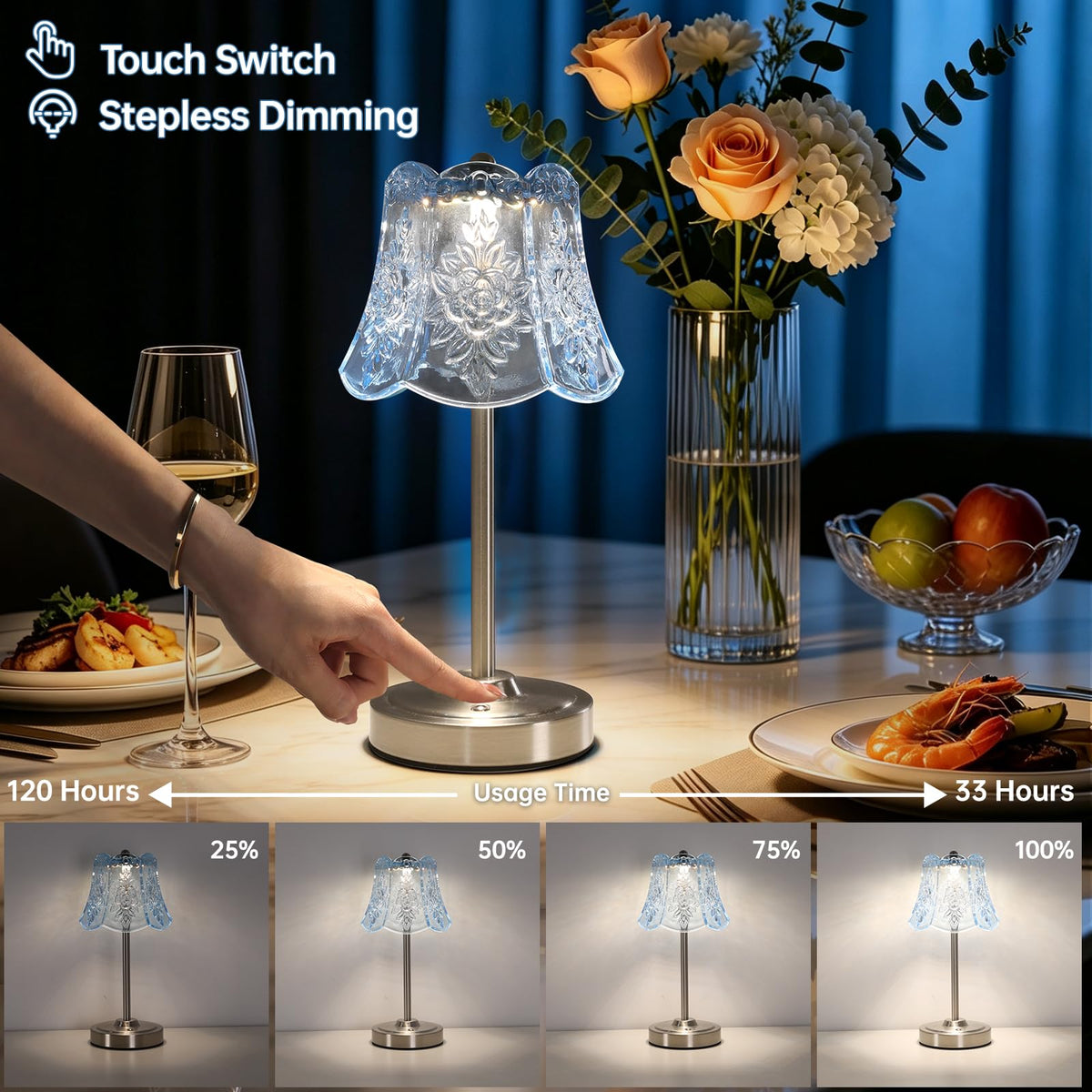 Cordless Touch Table Lamp with 5200mAh Battery - 3 Adjustable Color Temperatures & Dimmable, Rechargeable Lamp for Bedroom, Living Room, Office, Entryway, Bookshelves (Clear Light Blue Rose)