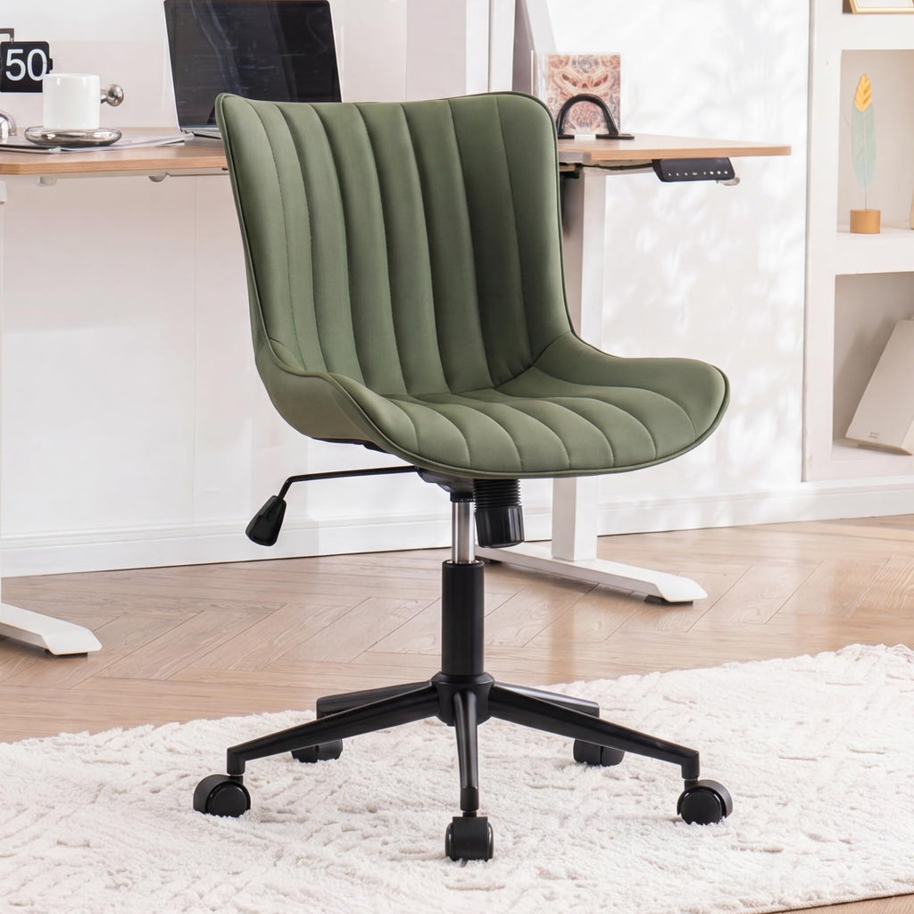 Olive Green Office Desk Chair with Wheels Armless Compact Comfy Vanity Chair with Adjustable Back Modern Small Faux Leather Upholstered Swivel Rolling Computer Task Chair No Arms