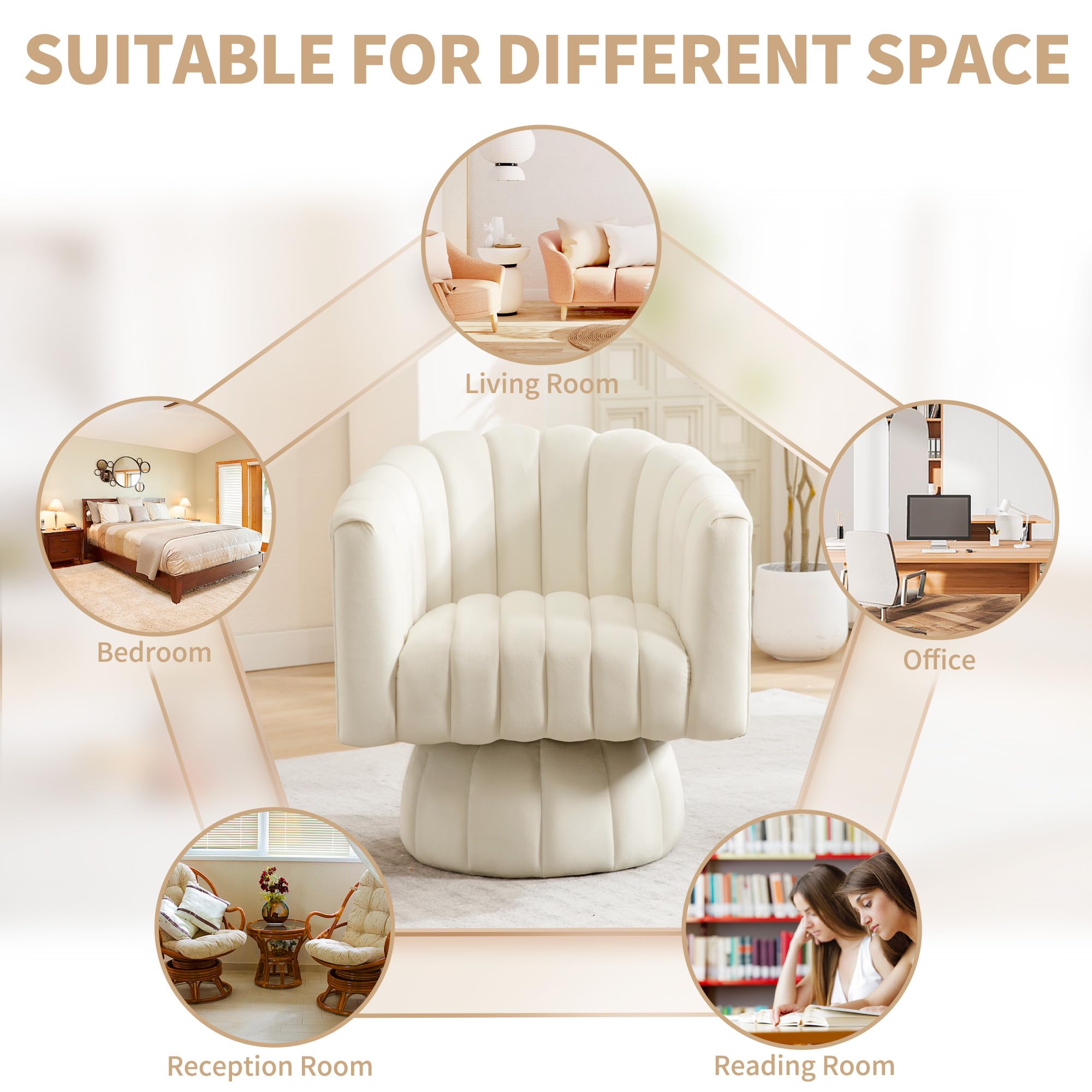 Swivel Accent Barrel Chair Set of 2- Cute Comfy Small Round 360° Arm Chair Velvet Sofa Club Reading Chair for Office Living Room Bedroom Beige