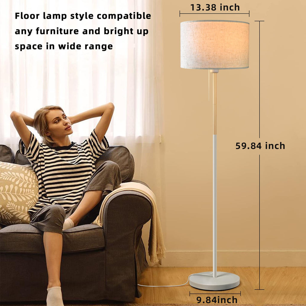 Bedroom Standing Floor Lamp, Farmhouse Lamp with Linen Shade, White