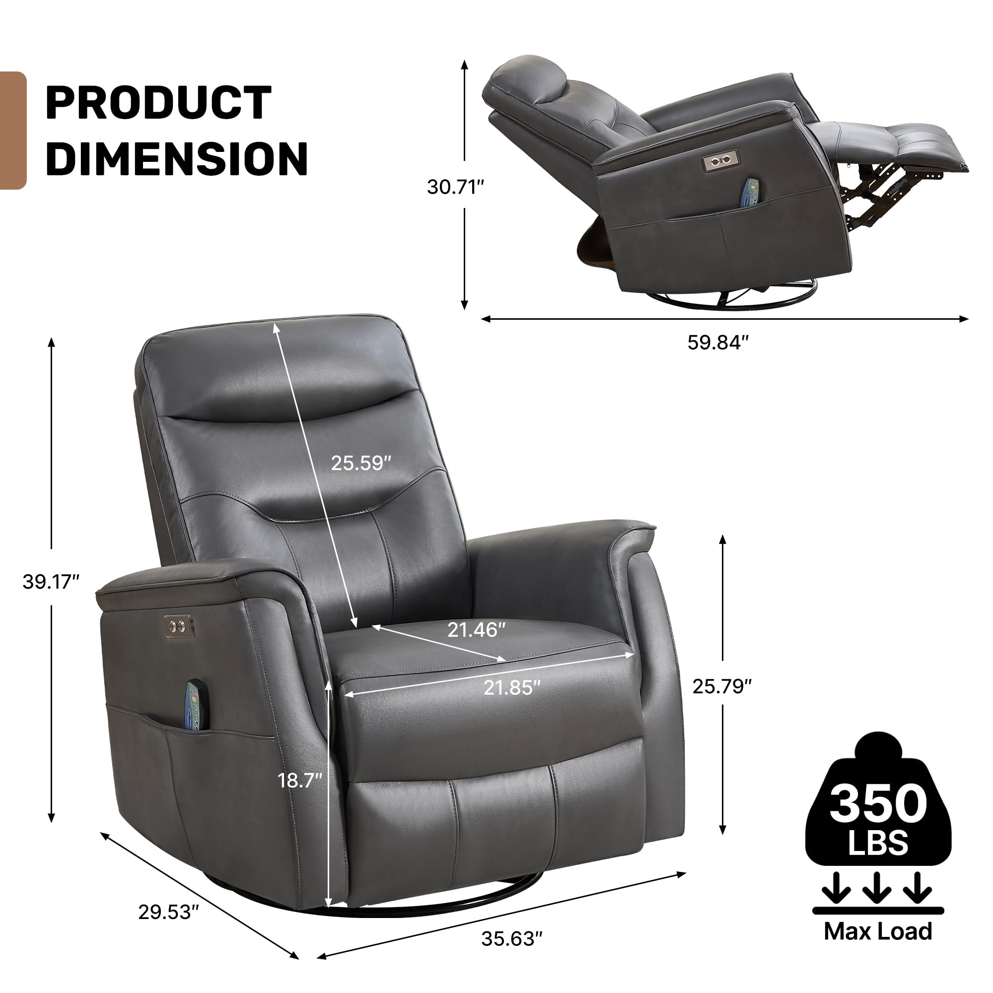 Recliner Chair for Adults, Power Faux Leather Rocker Recliner Massage and Heat, Oversized Swivel Reclining Nursery Chair with USB Ports for Living Room, Office Grey