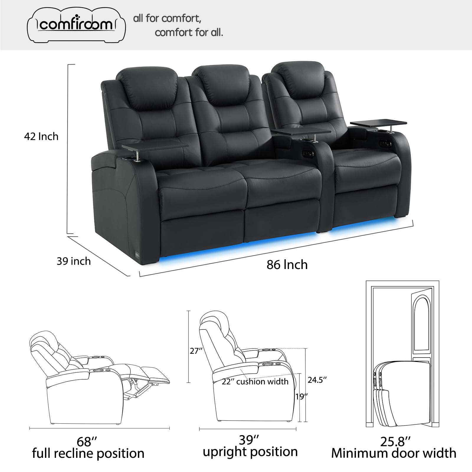 Leather Home Theater Seating, Simple Style Dual Power Electric Headrest Game Seats Movie Theater Chairs Top Grain Leather Recliner Sofa (Black, Row of 3 Loveseat Left)