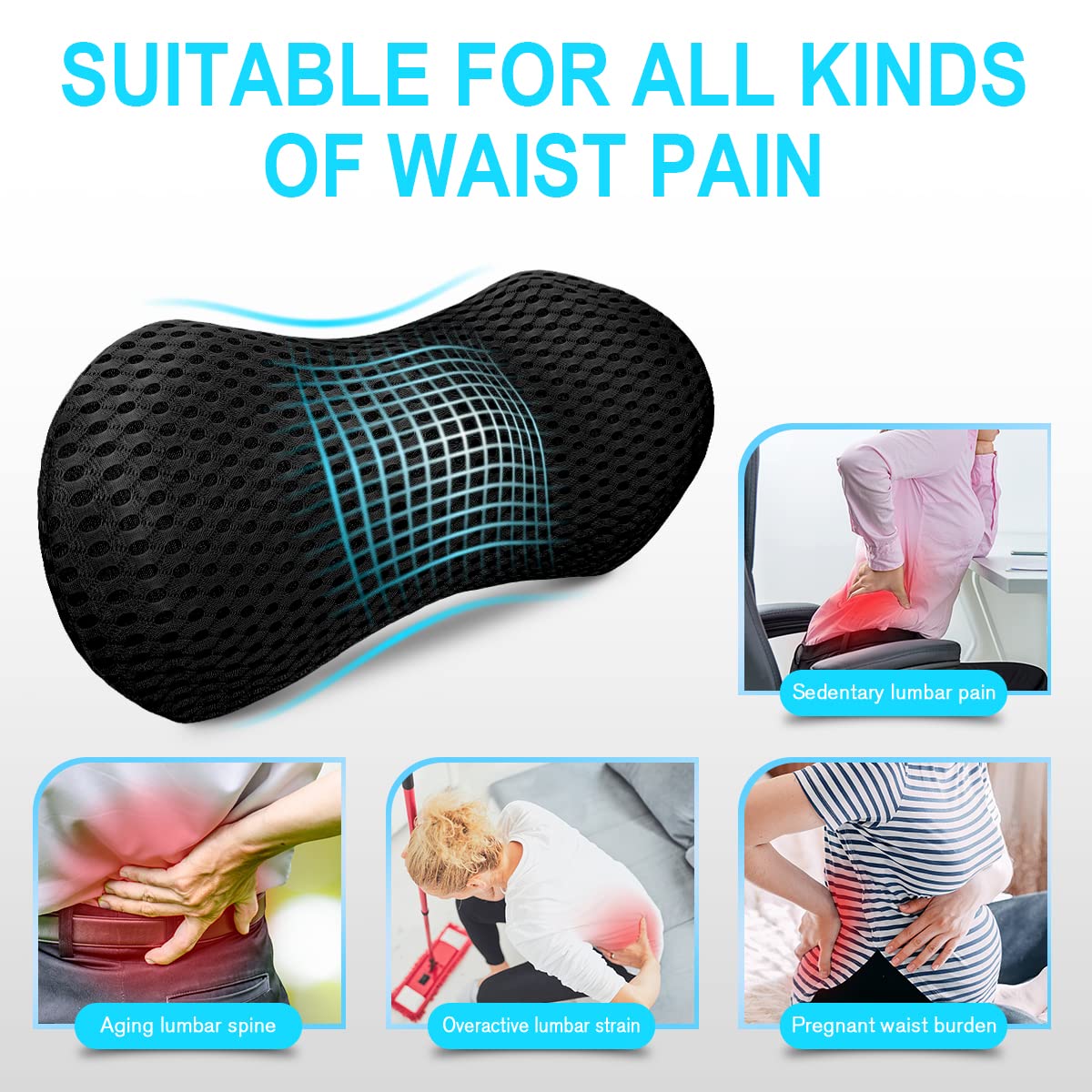 Lumbar Support Pillow for Office Chair, Memory Foam Lumbar Pillow for Lower Back Pain Relief (Black)