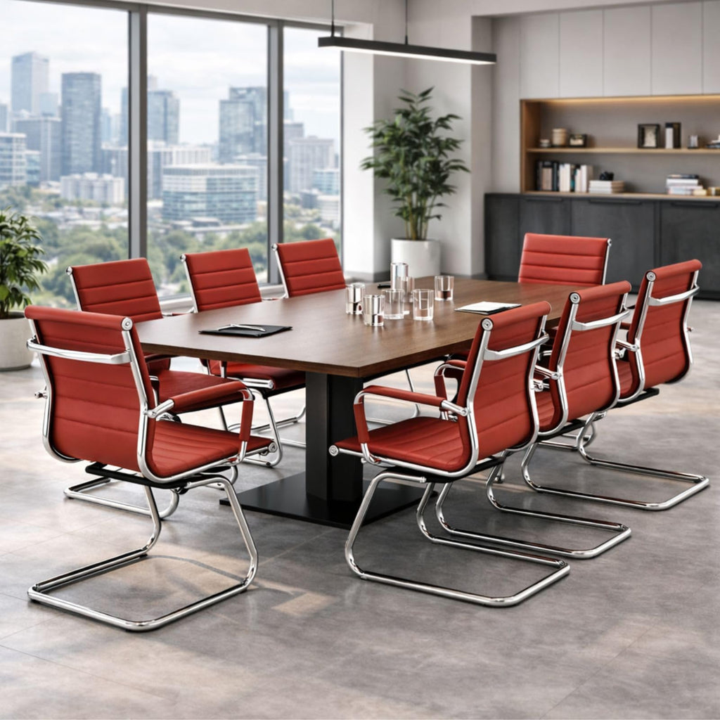 Office Desk Chair Set of 8,No Wheels PU Leather Computer Chairs Mid Back Guest Chairs with Seld Base for School/Reception/Conference/Waiting Room,Burgundy Red