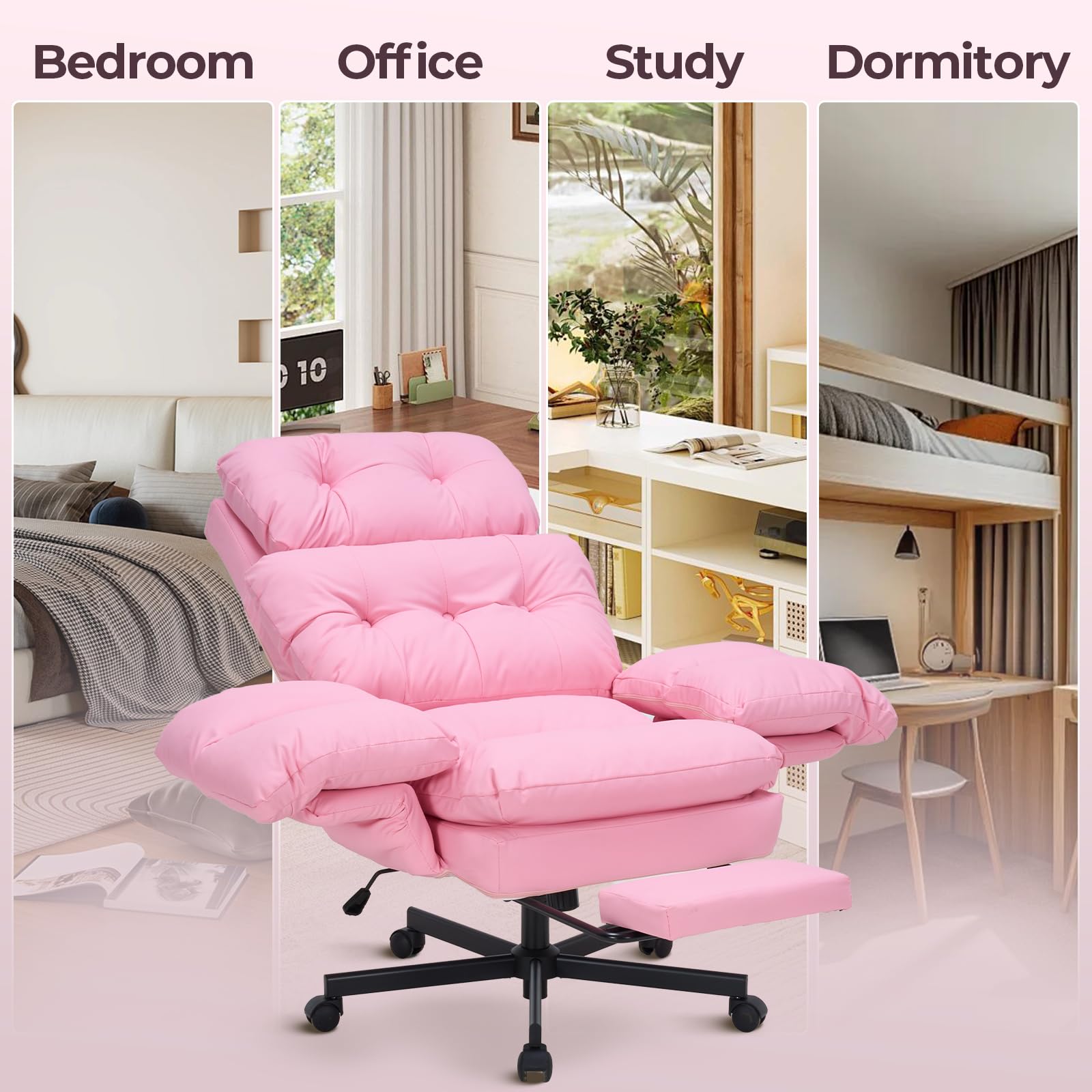Criss Cross Office Chair with Foot Rest, Big and Tall Office Desk Chair with Flip Armrests for Pets & Cross Legged Sitting, Comfy Executive Ergonomic Reclining Computer Gaming Vanity Chair, Pink