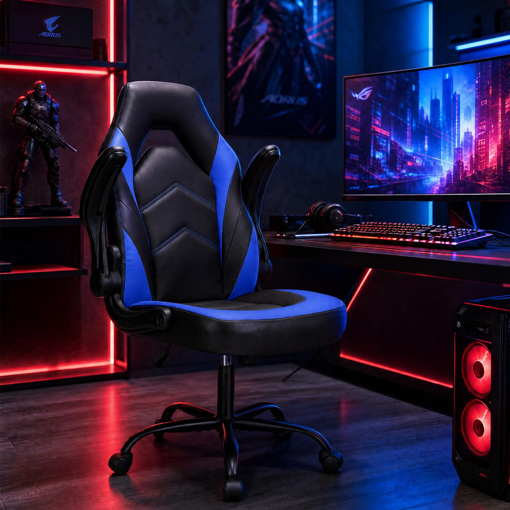 Computer Video Game Desk Chair - Ergonomic Comfy Lumbar Support, PU Leather with Flip-up Armrest, Height Adjustable and 360° Swivel, for Adults, Black Blue