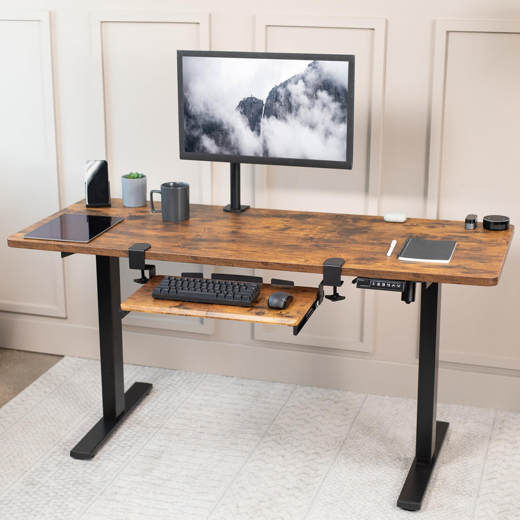 Small Keyboard Tray, Under Desk Pull Out with Extra Sturdy C Clamp Mount System, 20 (26 with Clamps) x 11 inch Slide-Out Platform Drawer, Rustic Vintage Brown Top, Black Frame