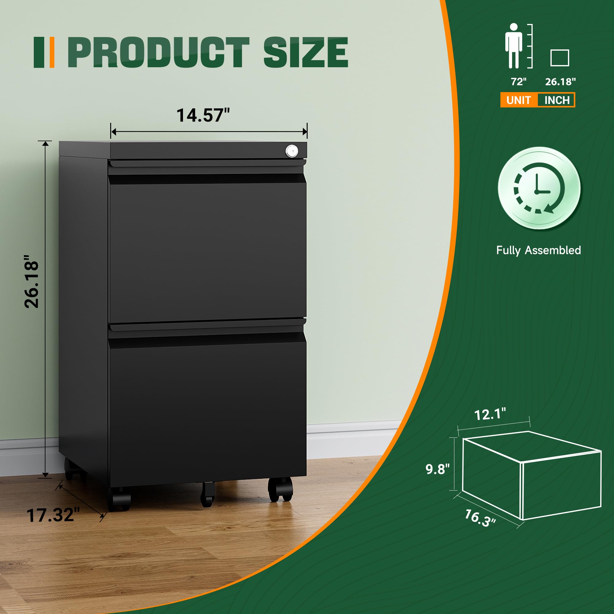 Mobile File Cabinet with Lock,2 Drawer Under Desk Metal Rolling Filing Cabinets for Home Office Organizer Letters/Legal/A4(Fully Assembled-Black)
