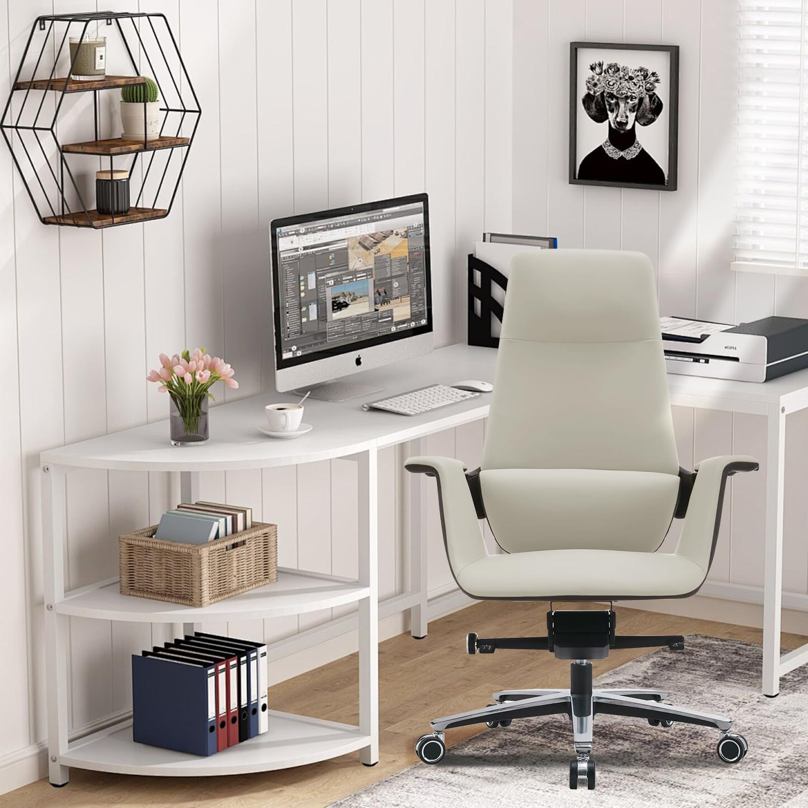 Genuine Leather Executive Chair, Top Grain Ergonomic High Back Office Chair with Lumbar Support, Height Adjustable 400lbs Weight Capacity Metal Base with 360° Flexible Wheels (White)