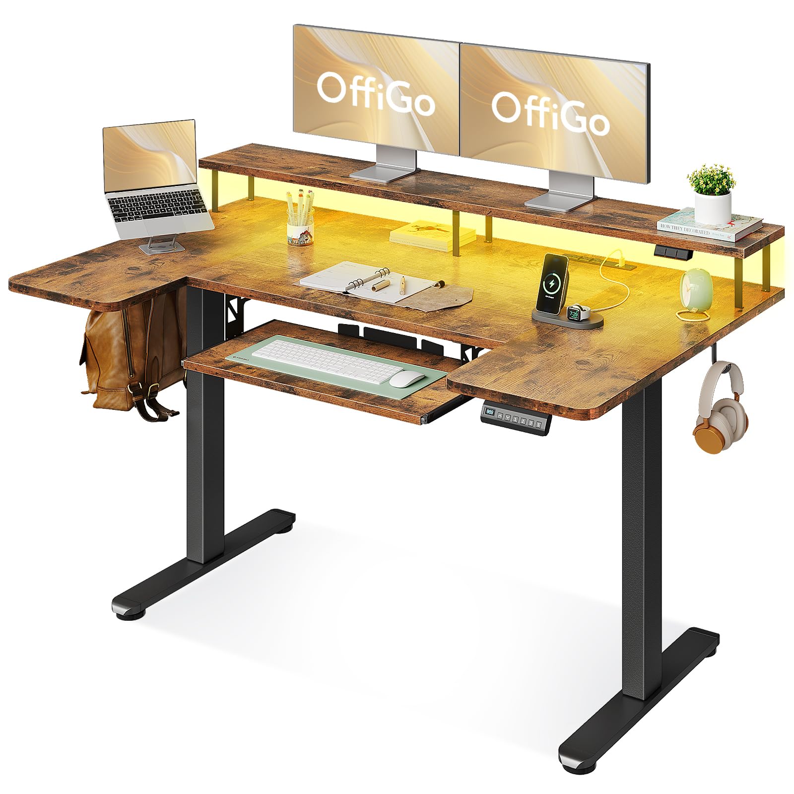 U Shaped Electric Standing Desk with Keyboard Tray, 55 Inch Height Adjustable Desk with Power Outlets & LED Lights, Sit Stand Table with Monitor Stand for Home, Office, Rustic Brown