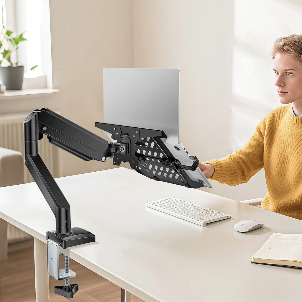 Single Arm Laptop and Monitor Desk Mount for 17" Notebook and Up to 32" Screen, 2-in-1 Adjustable Monitor Arm with Laptop Tray, VESA 75x75 100x100,Holds 22-26.4 lbs, Black