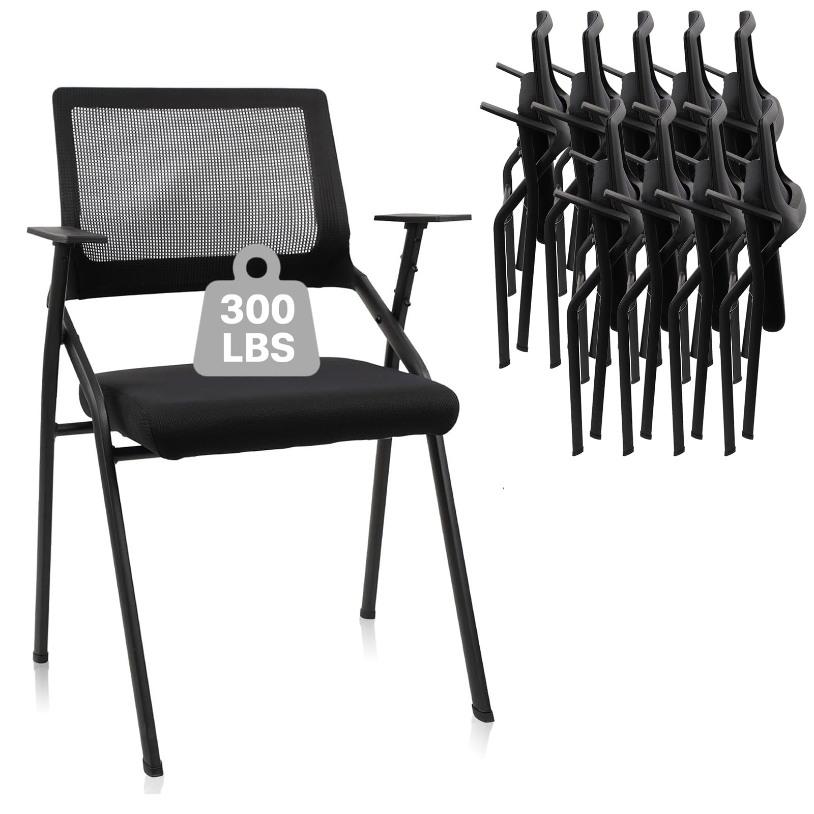 10 Pack, Stackable & Foldable Office Chairs with Ergonomic Lumbar Support and Thickened Seat Cushion, Folding Mesh Fabric Reception Guest Chair for School Church Lobby Conference Room, Black