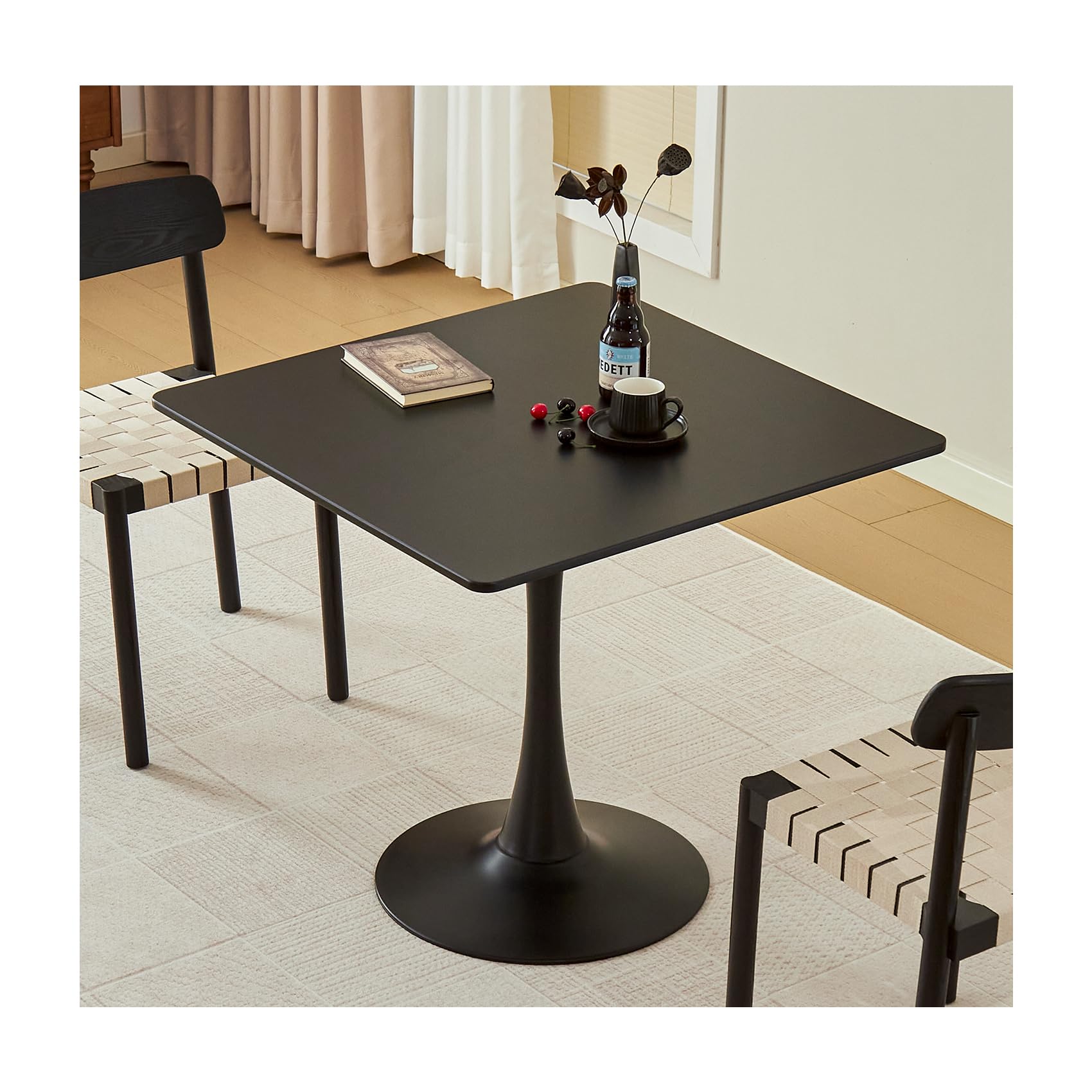 Hansweld Square Dining Table, 31.5" Tulip Table with Thickened Tabletop & Metal Pedestal, Mid Century Modern Bistro Table for Kitchen, Small Places, Living Room, Cafe (Black)