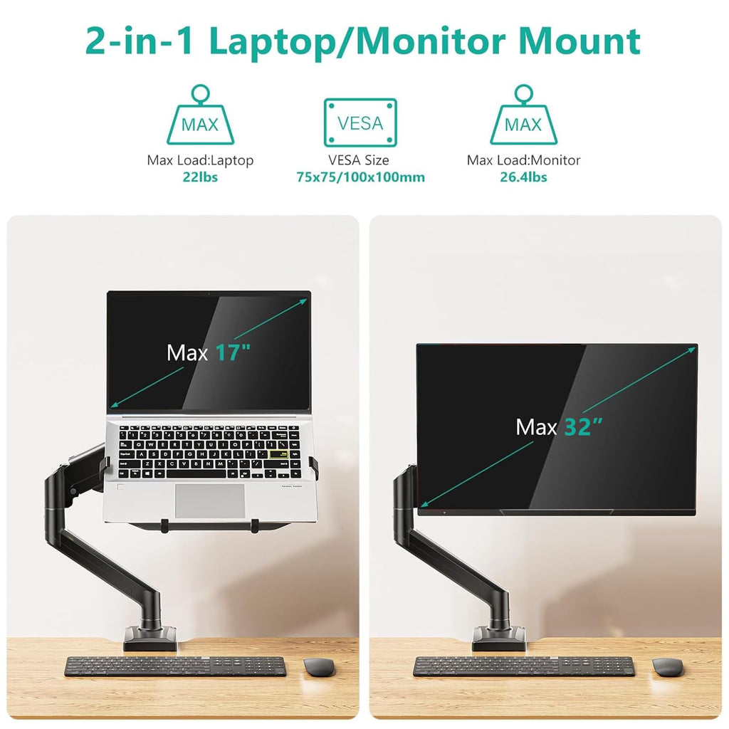 Single Arm Laptop and Monitor Desk Mount for 17" Notebook and Up to 32" Screen, 2-in-1 Adjustable Monitor Arm with Laptop Tray, VESA 75x75 100x100,Holds 22-26.4 lbs, Black