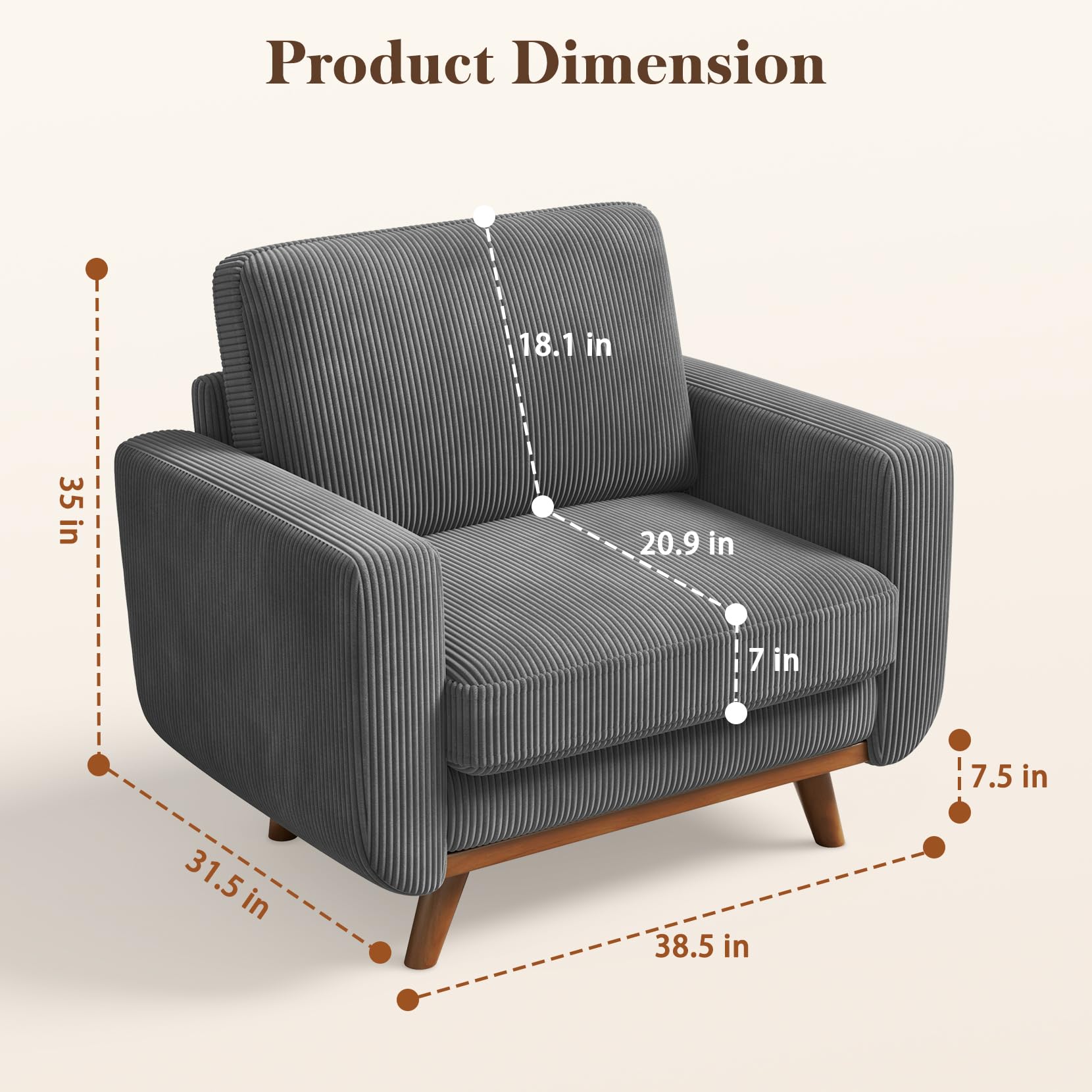 38.5" Accent Chair Dark Gray, Comfy Corduroy Single Sofa Seat with Spring Cushion, Upholstered Armchair with Deep Seat, Reading Chair for Adults, Modern Sofa for Living Room, Bedroom