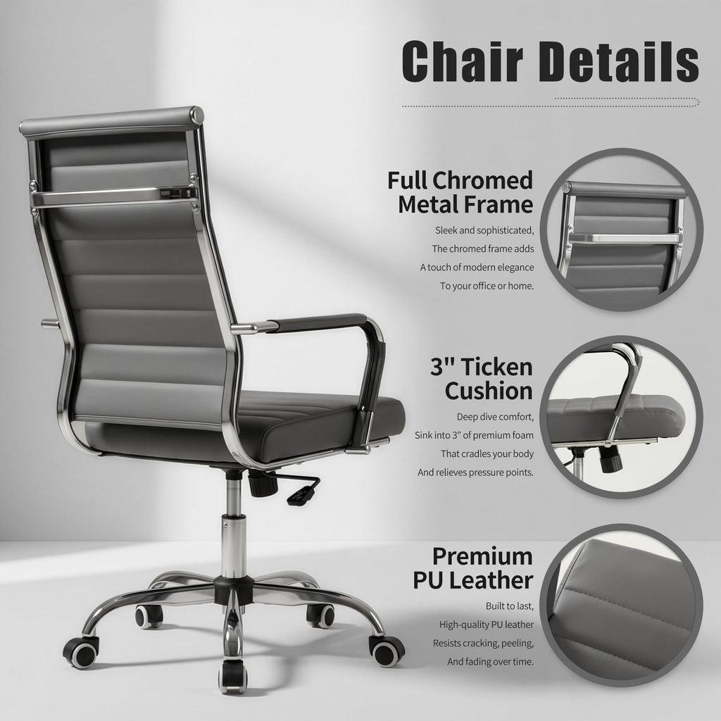Grey Office Desk Chair, Ergonomic Leather Modern Conference Room Chairs, Executive Ribbed Adjustable Swivel Rolling Chair for Home Office.