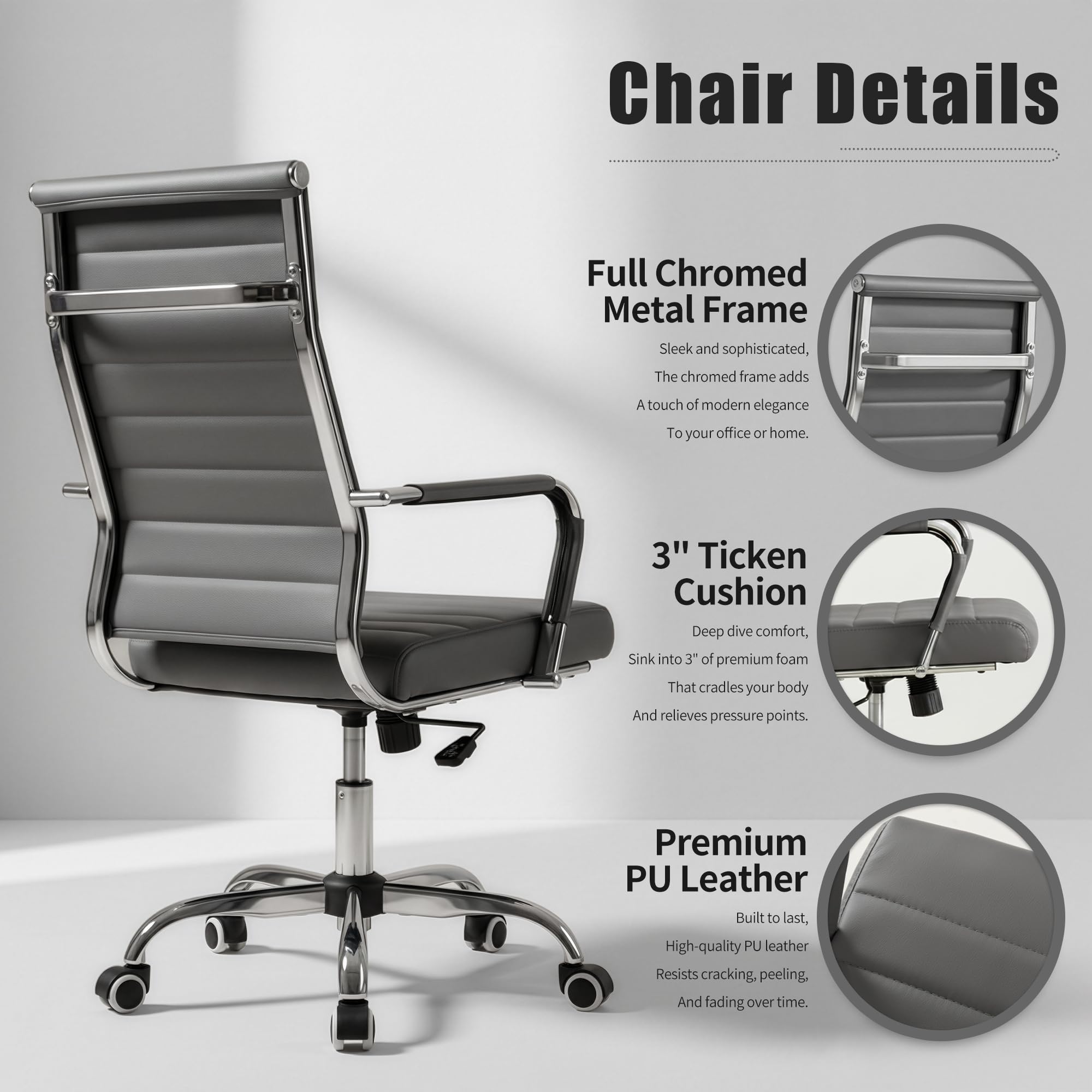 Grey Office Desk Chair, Ergonomic Leather Modern Conference Room Chairs, Executive Ribbed Adjustable Swivel Rolling Chair for Home Office.