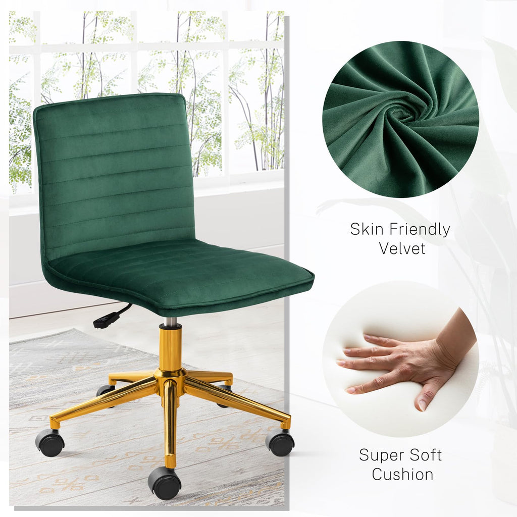 Armless Vanity Chair with Wheels, Computer Rolling Desk Chair with Back Soft Velvet Fabic Height Adjustable Gold Metal Base Swivel Stool Chairs,DarkGreen