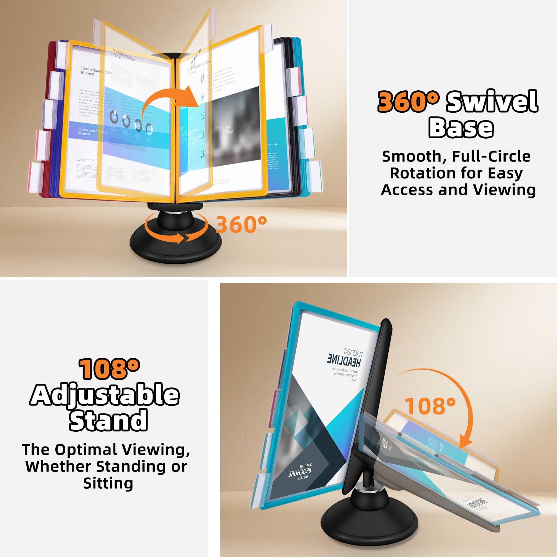 10-Pocket Desktop Reference & Display System with 360° Adjustable Base, Fast Flip & Find Desk Reference Organizer, A4/Letter Size 10 Double-Sided Panels with 5-Color Borders & Index Tabs, Black