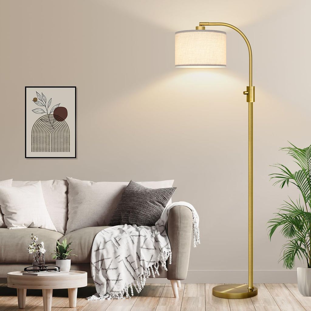 Upgraded Modern Arc Dimmable Tall Standing Floor Lamp with Linen Shade, 1200 Lumens LED Bulb Included, for Living & Reading Room, Bedroom, Office & Nursery, Brass
