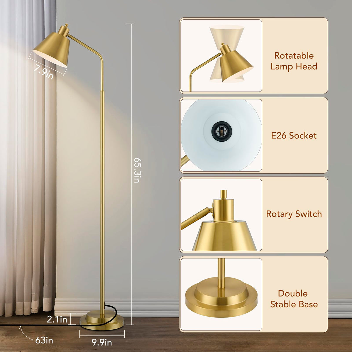 Upgraded Double-Base Gold Floor Lamp, Adjustable Lamp Head-65.3"