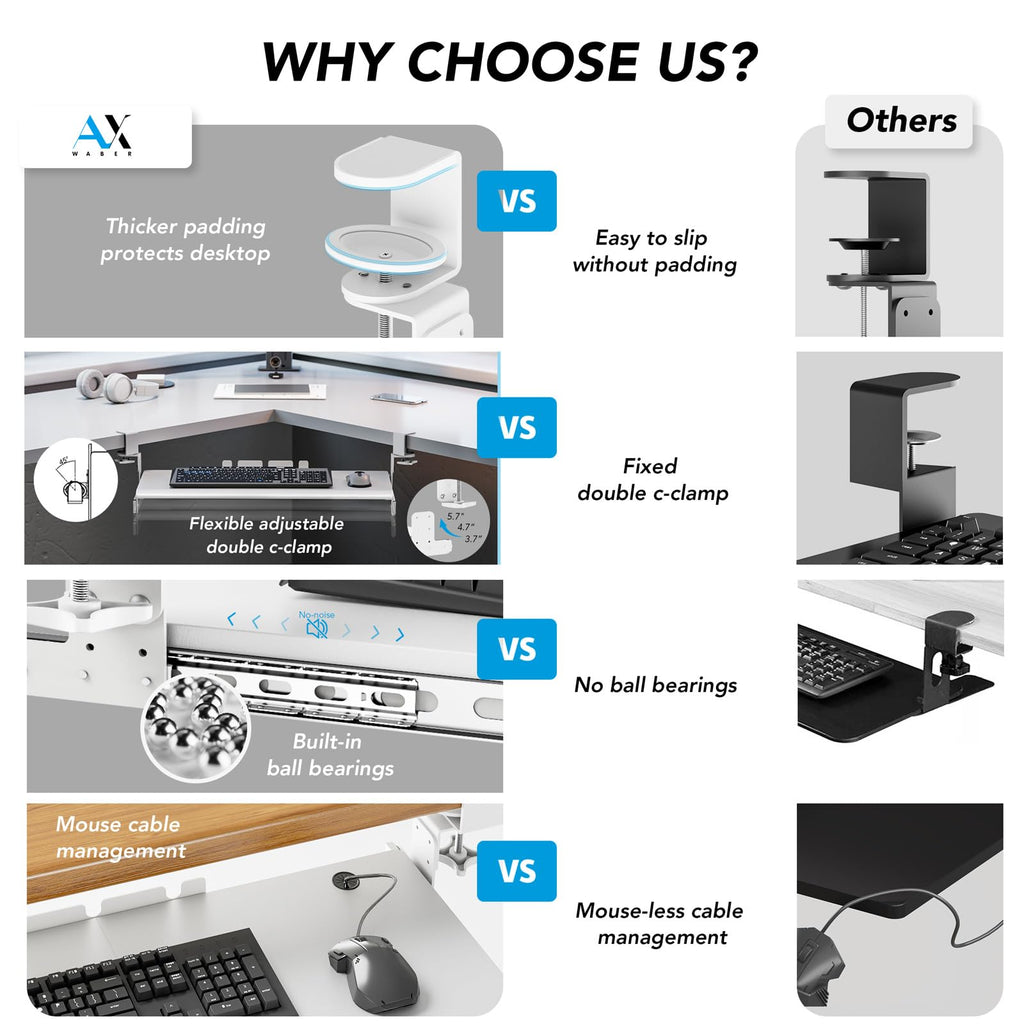Keyboard Tray Under Desk Pull Out with Extra Sturdy C Clamp Mount System, 27.3 (32.5 inch Including Clamps) x 11 Inch Slide-Out Platform Computer Drawer for Typing White
