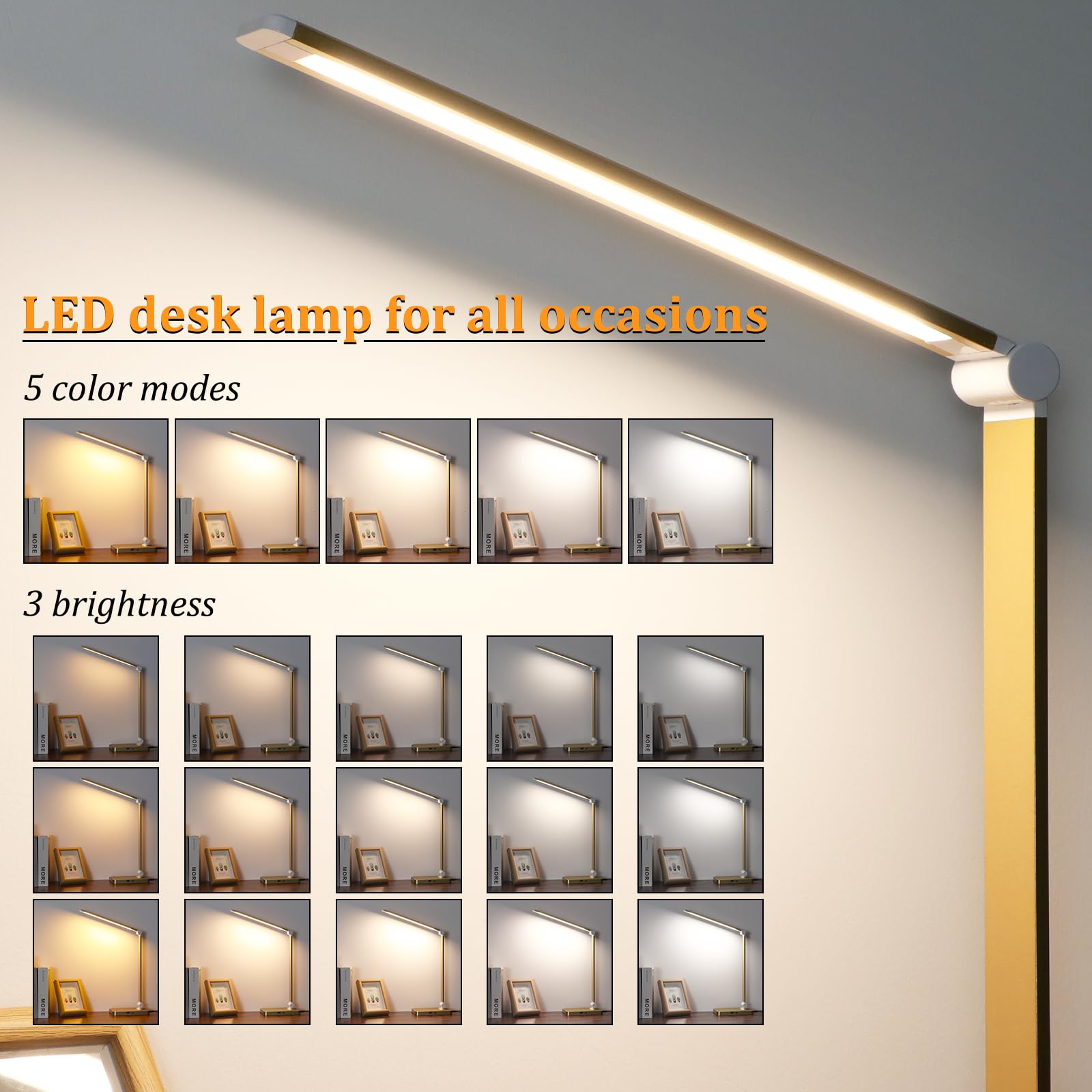 LED Desk Lamp with USB Ports,Touch Desk Lamps for Home Office with 5 Color Modes,3 Brightness Desk Light with Small Night Light,Reading Lamp Table Lamp for Bedroom Bedside Study Gold （with adapter）